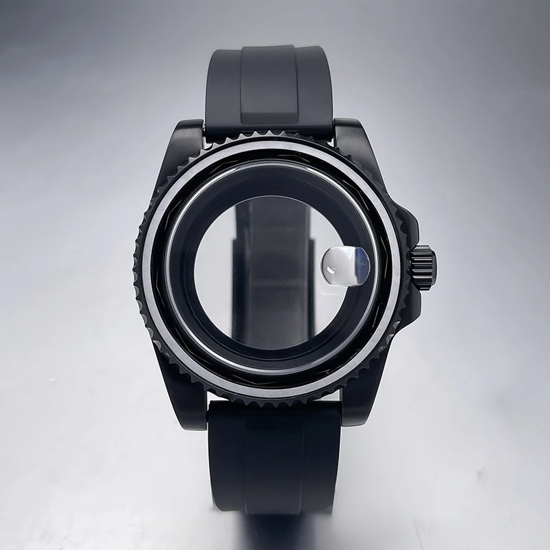 40Mm NH35 Watch Case All Black Sub Style Rubber Strap Sapphire Crystal Stainless