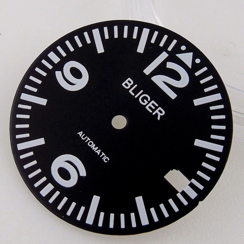 BLIGER fit NH35A Green Luminous 29mm BLACK Watch Dial Date Calendar Window Hand