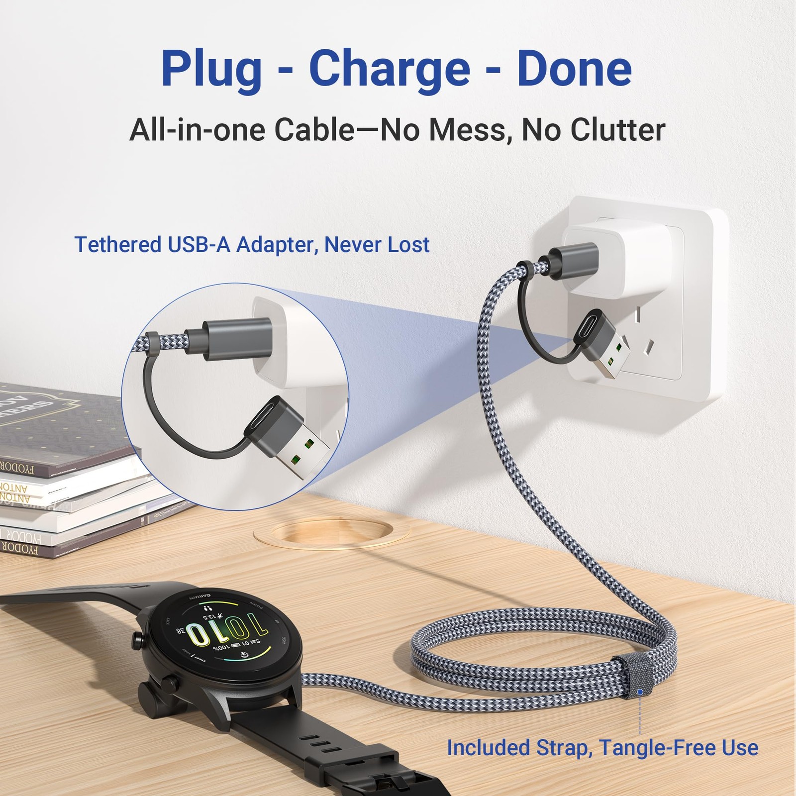 Garmin Watch USB C Charger Cable 2in1 Braided 4FT 1Pack Right Angle