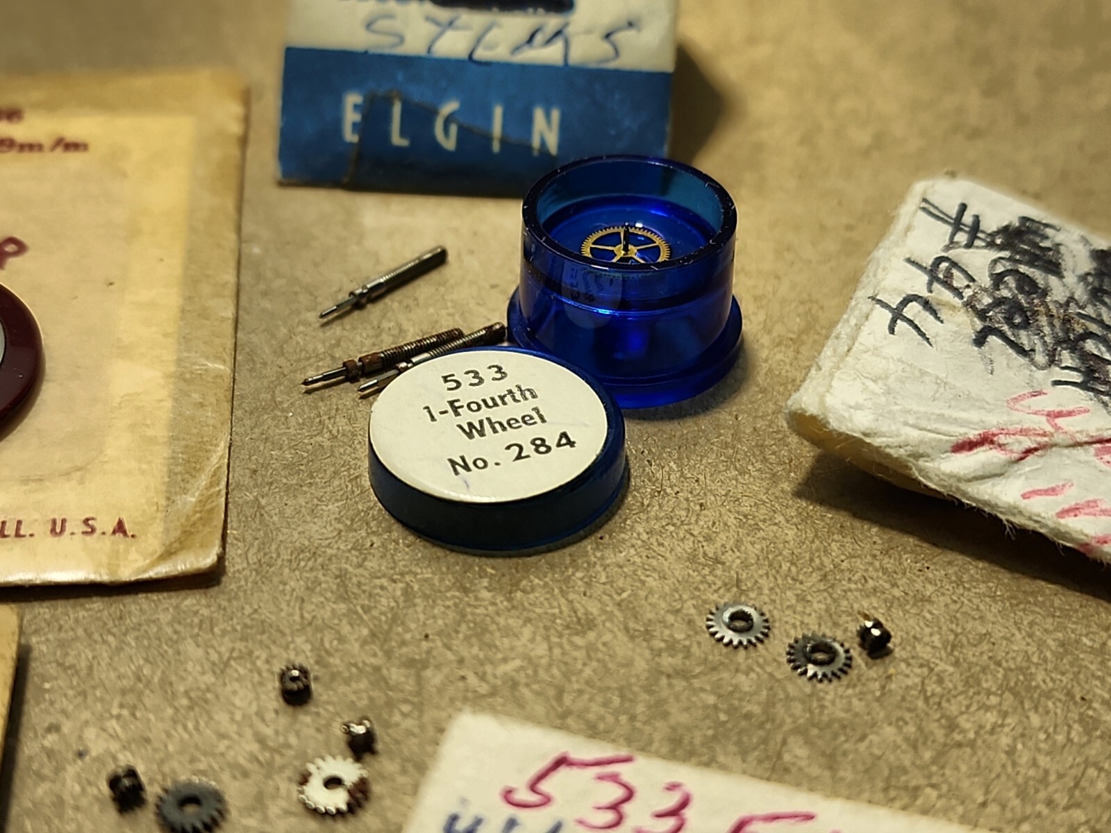 Lot Of NOS Elgin 21/0 Parts-Crown, Stems, Balance Staffs, Winding Pinions, etc