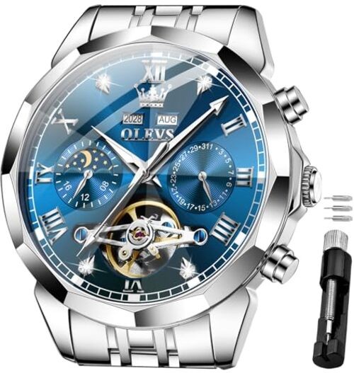 Men Automatic Watch Diamond Skeleton Mechanical G6620: Silver band & Blue dial