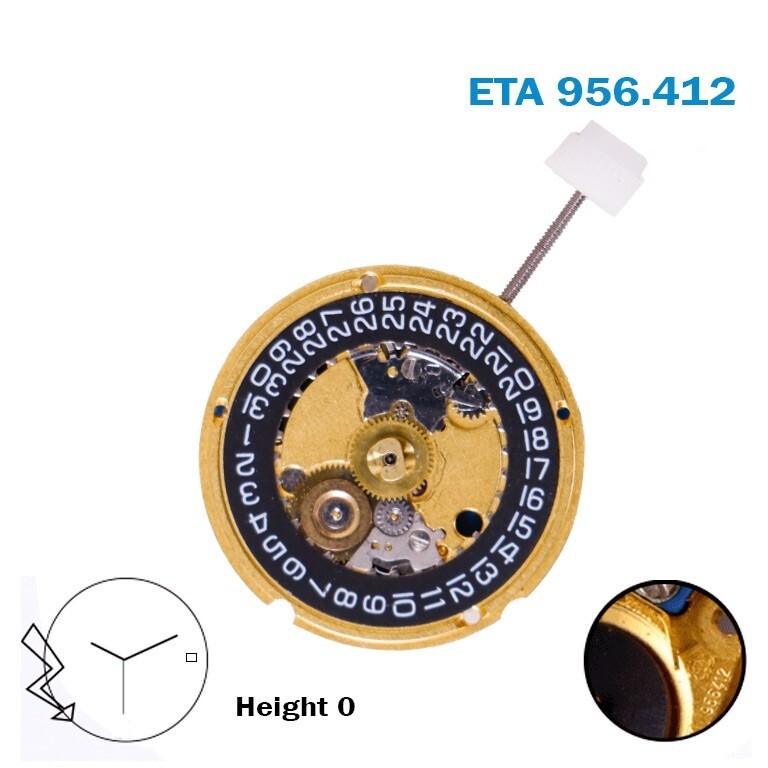 ETA 956.412 Swiss Watch Movement, 3 Hands, Black Date Disk at 3.