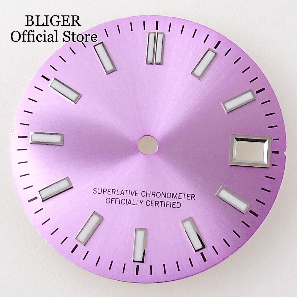 28.5mm Sunburst Pink Silver Watch Dial+Hands Green Lume Fit NH35A NH36A Movement