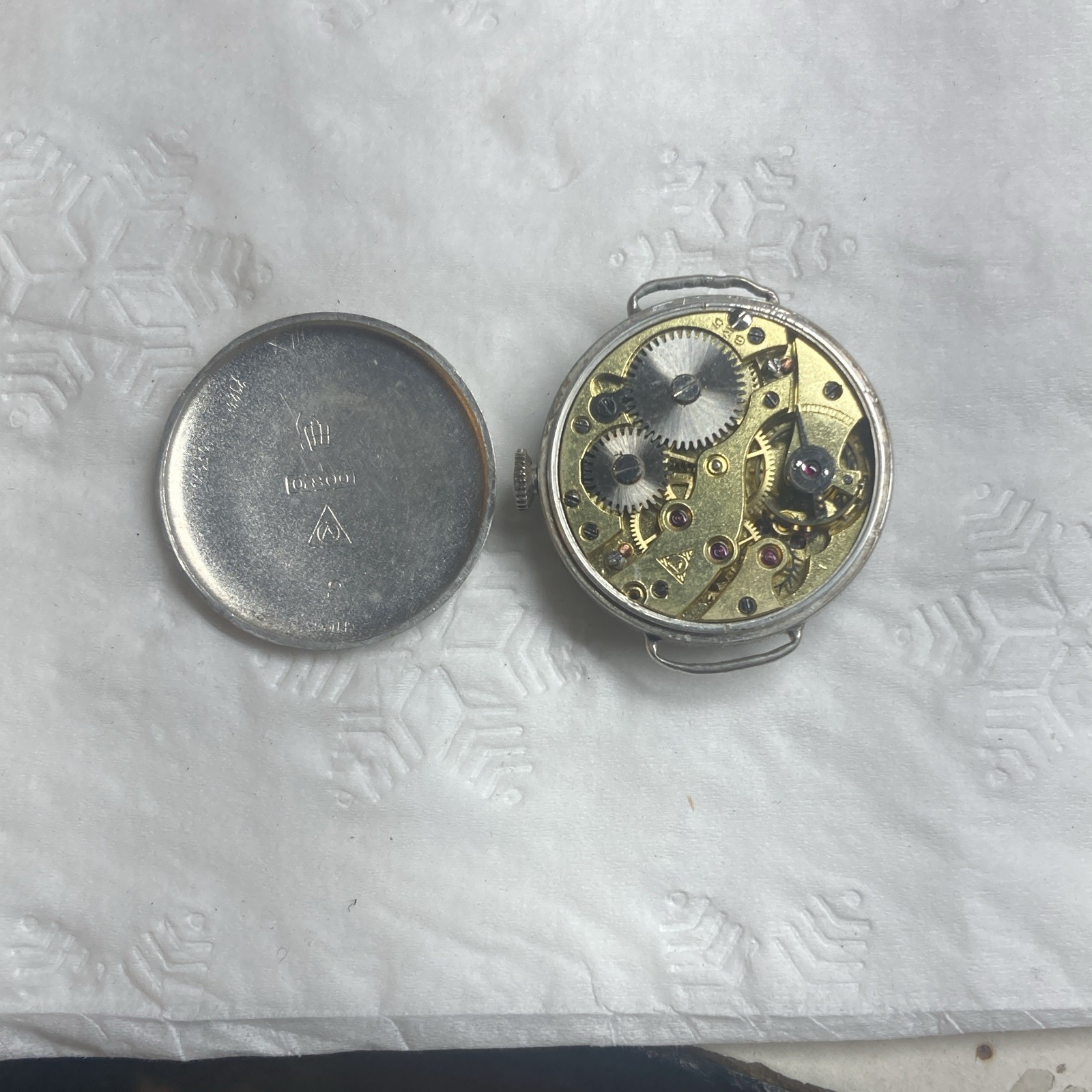 Mechanical Manual Wind Watch Movement w/ Dial, Hands & Silver case with enamel