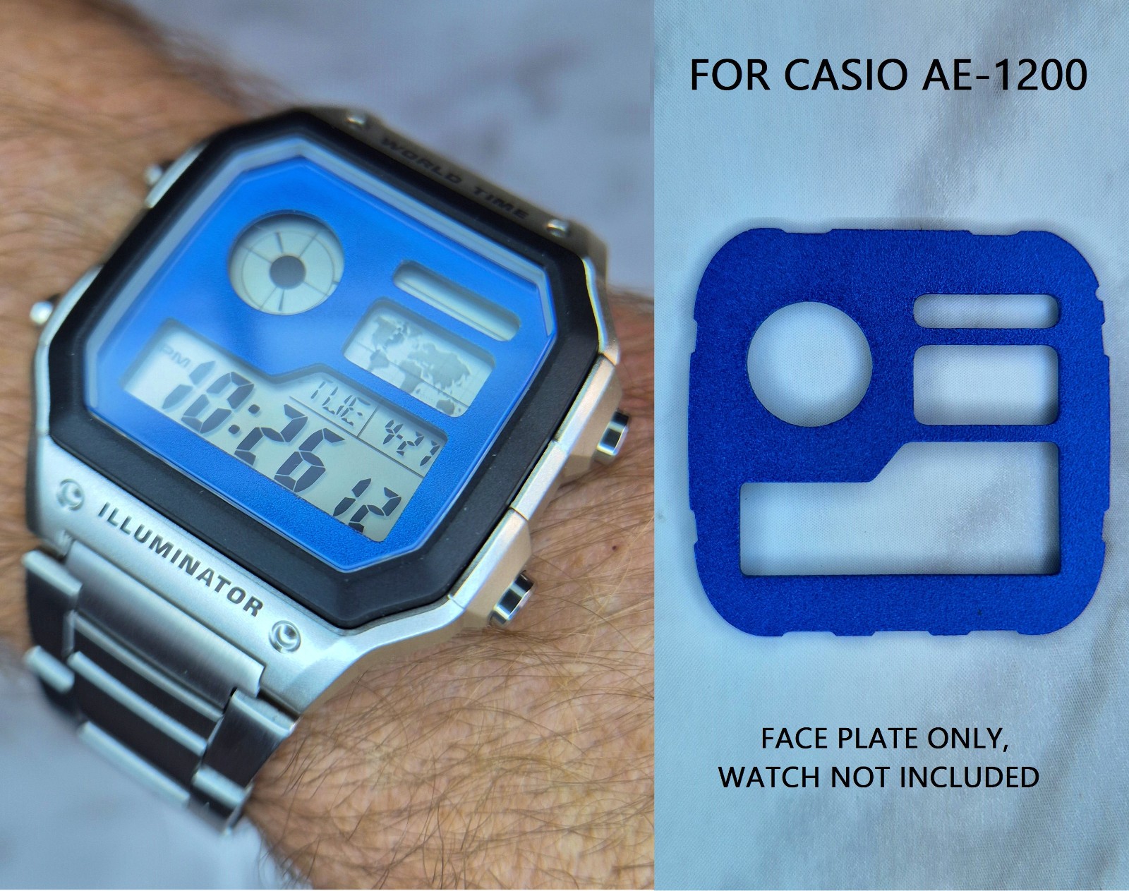 Laser-cut Anodised Aluminium Face Plate for Casio AE-1200 (Casio Royale), Blue
