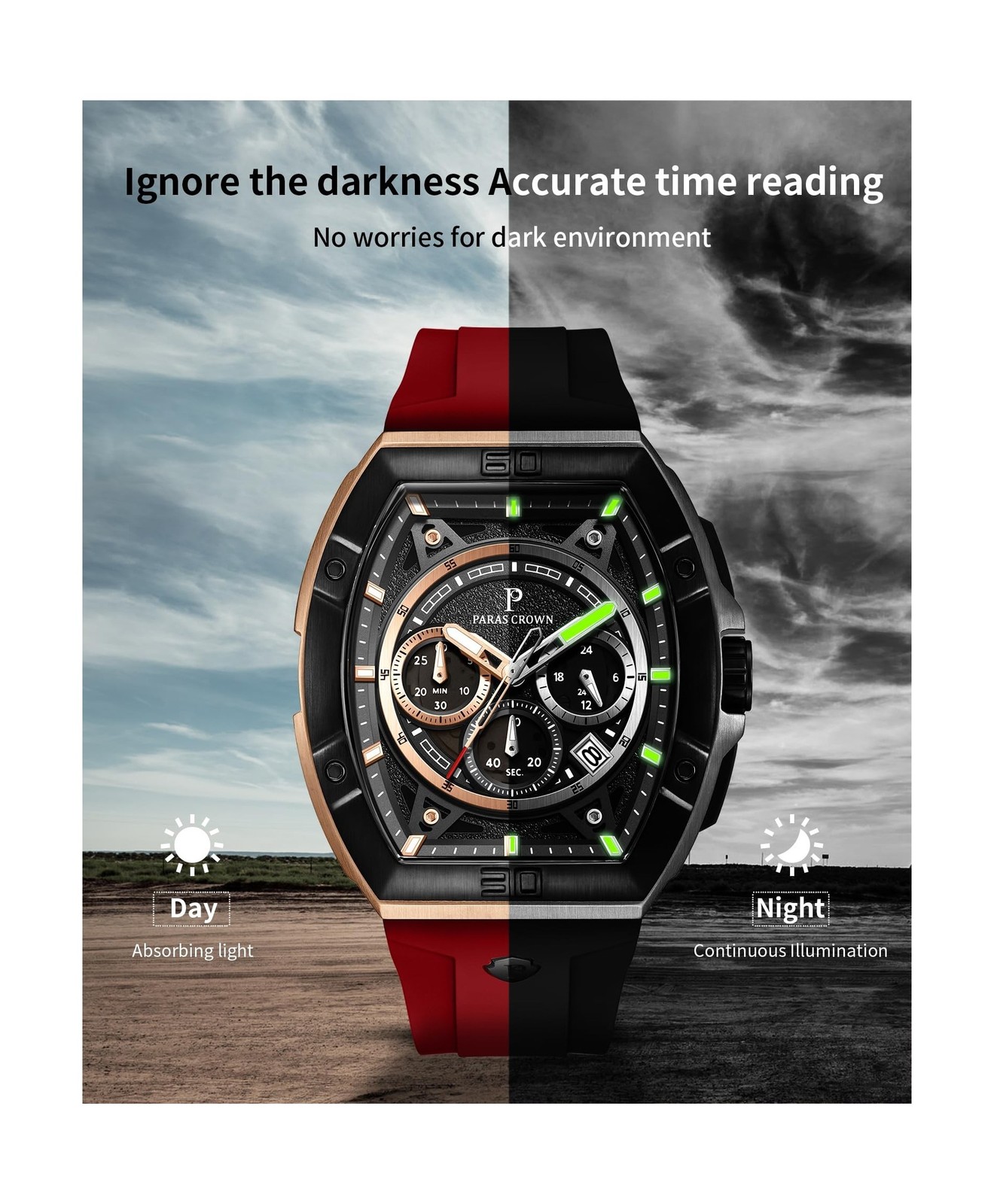 Paras Crown Watches for Men Tonneau 5ATM Waterproof Quartz Luxury Chronograph…