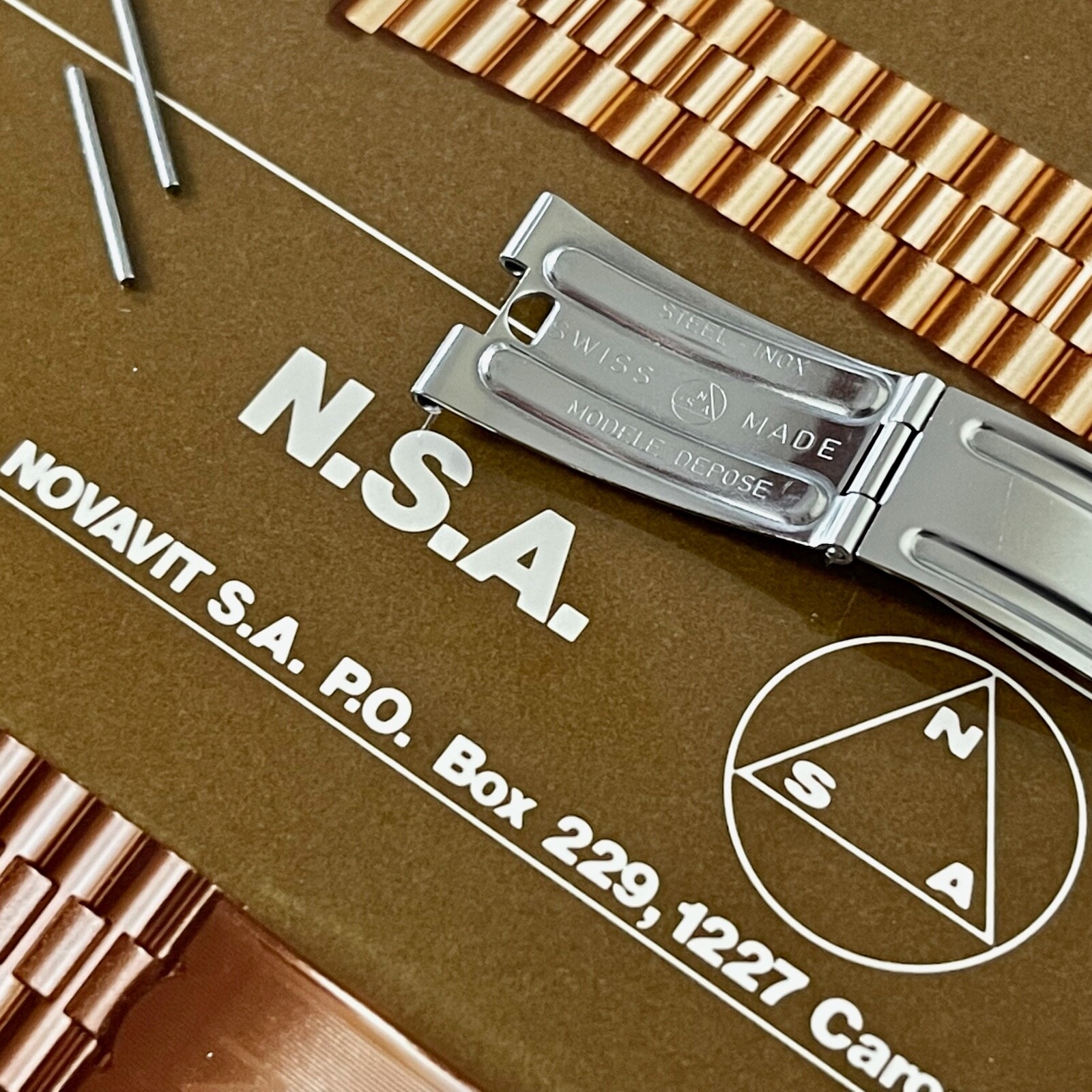 Vintage 3-row Rado NSA watch bracelet complete NOS clasp yellow gold plate Swiss
