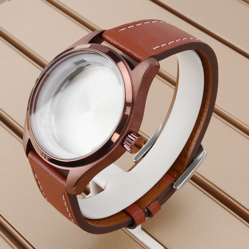 40mm Rose Brushed Watch Cases Calfskin Strap Pin Buckle For Seiko NH35 ETA 2824