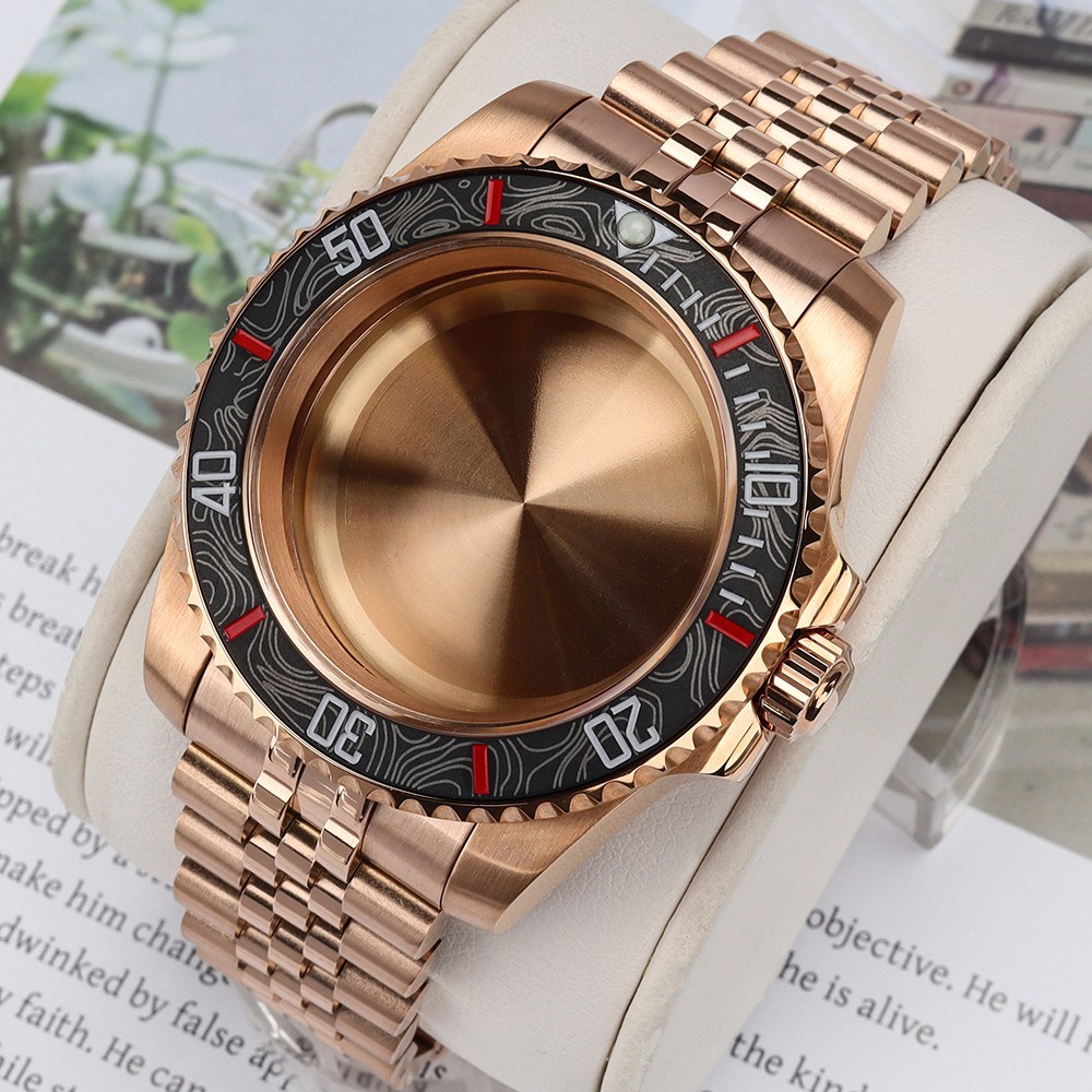 Oyster 40mm Watch Cases Bracelet Rose Gold Luminous Bezel For SII NH35 Movement