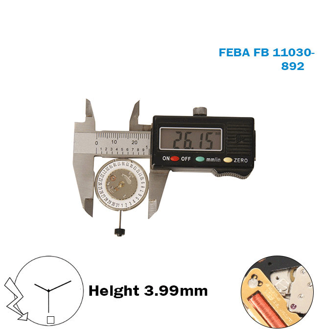 FEBA Fe 11030-892 Swiss Movement-White Date Disk at 6- 3 Hands-Height:3.99mm.