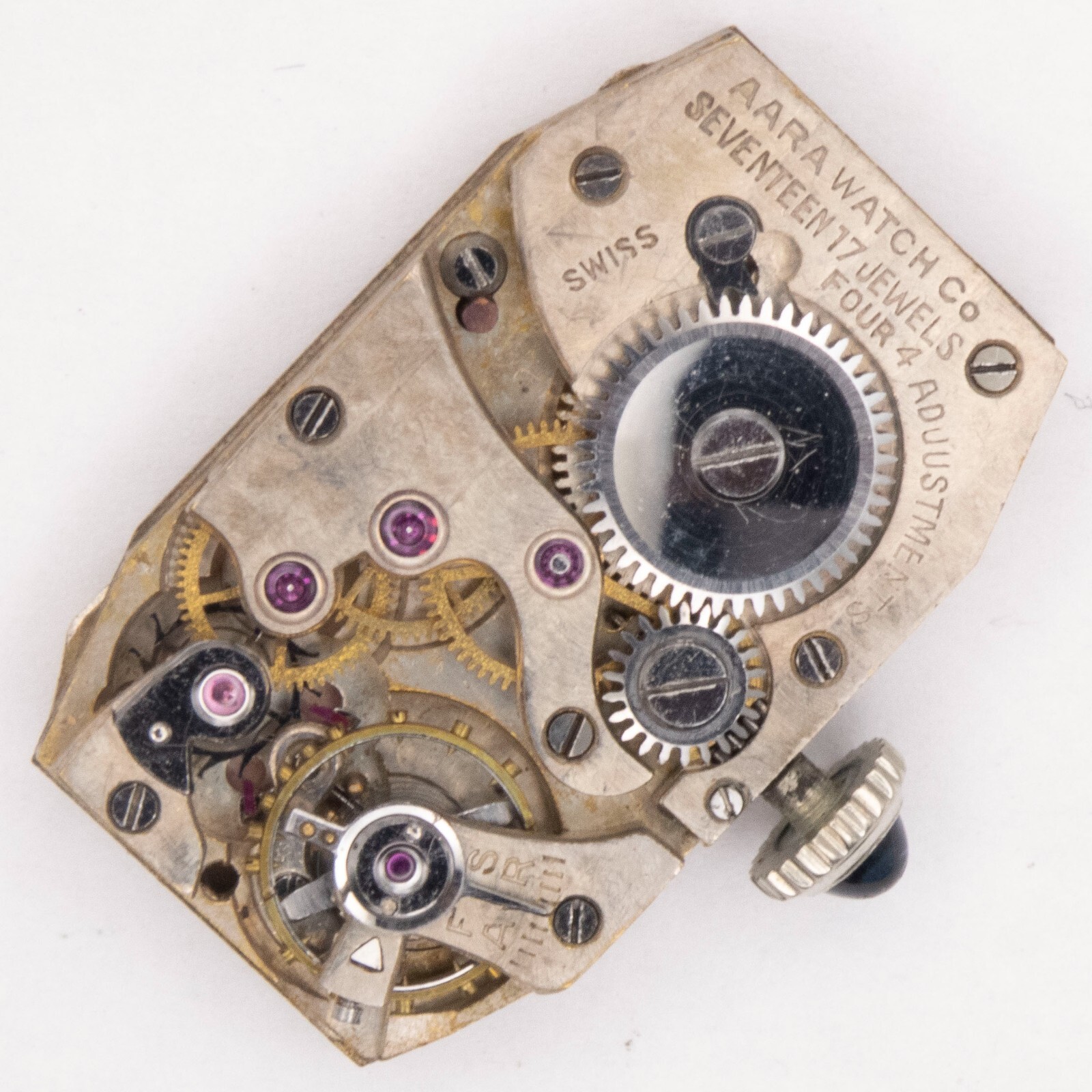 Vintage Aara 15.2 x 25 x 4.8 mm 17-Jewel Wristwatch Movement, Exploding Dial