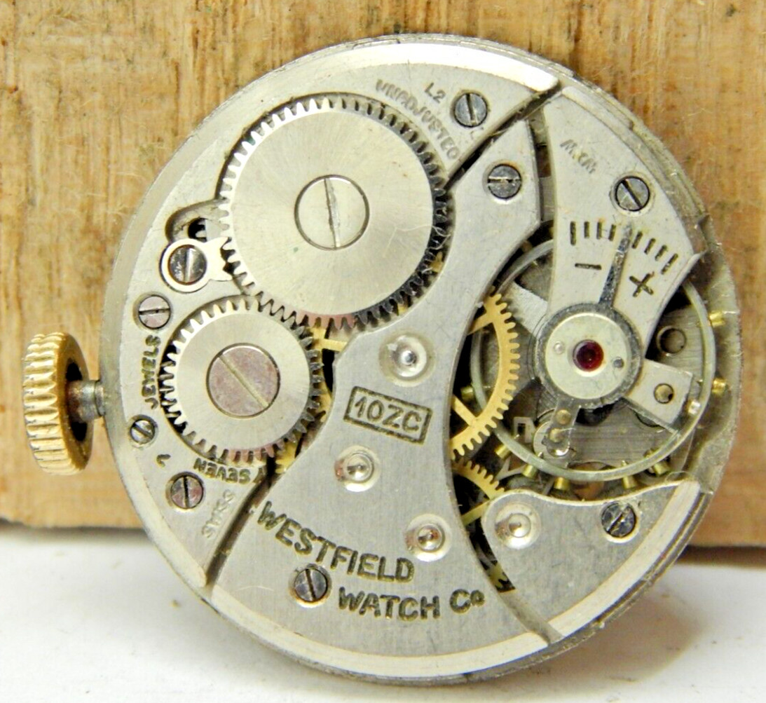 Vintage 1952 Westfield 10ZC 7 jewel men’s wrist watch movement with crown & stem