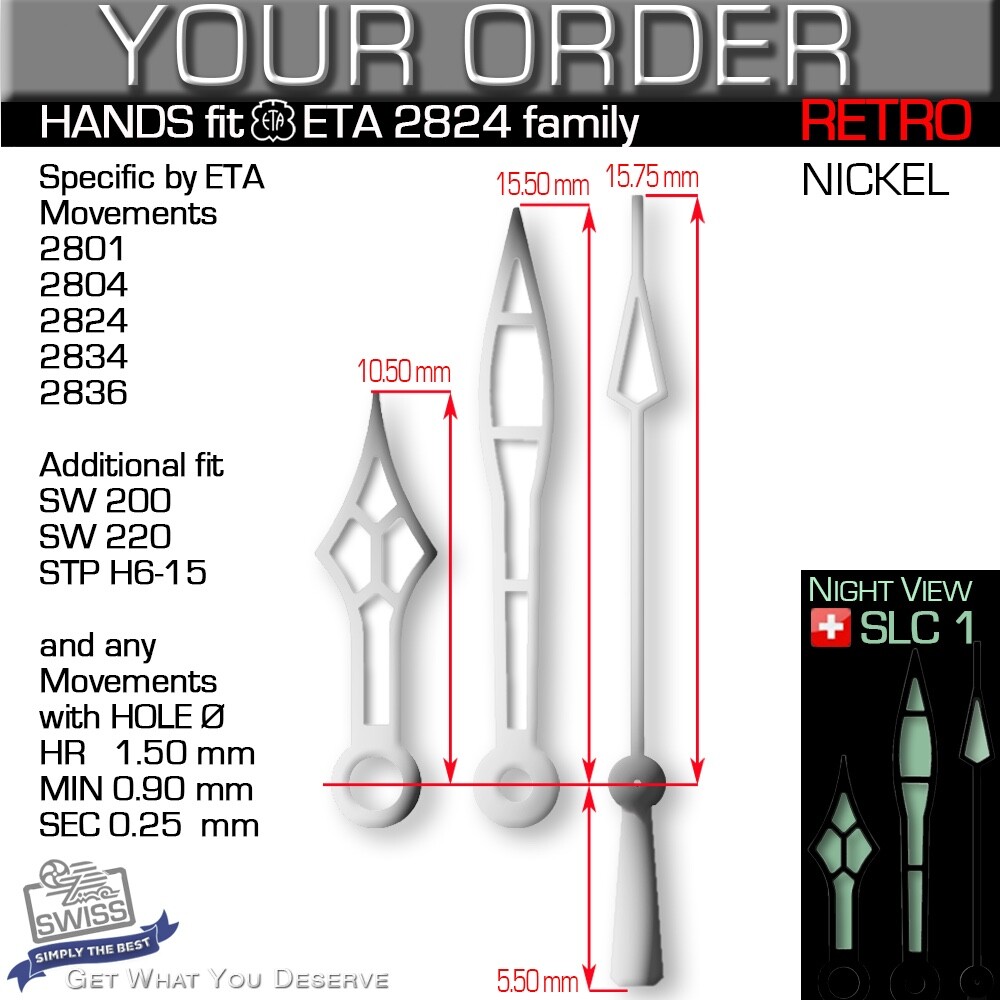 HANDS SET FOR MOVEMENT ETA 2801 2804 2824 2834 2836 SW200 SW220 Ref RETRO