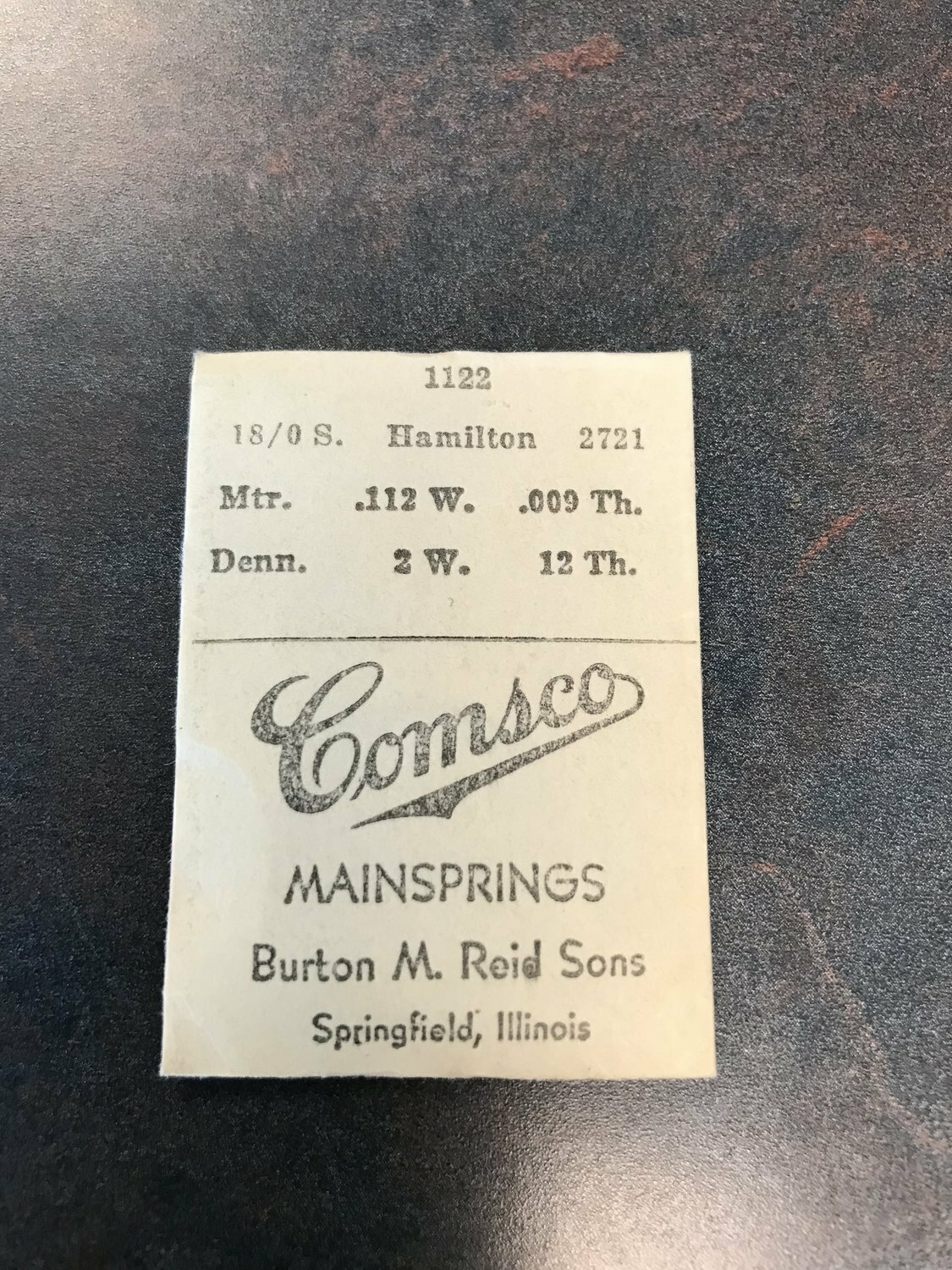 Comsco Mainspring #1122 for Hamilton 18/0s Factory No. 2721 – Steel