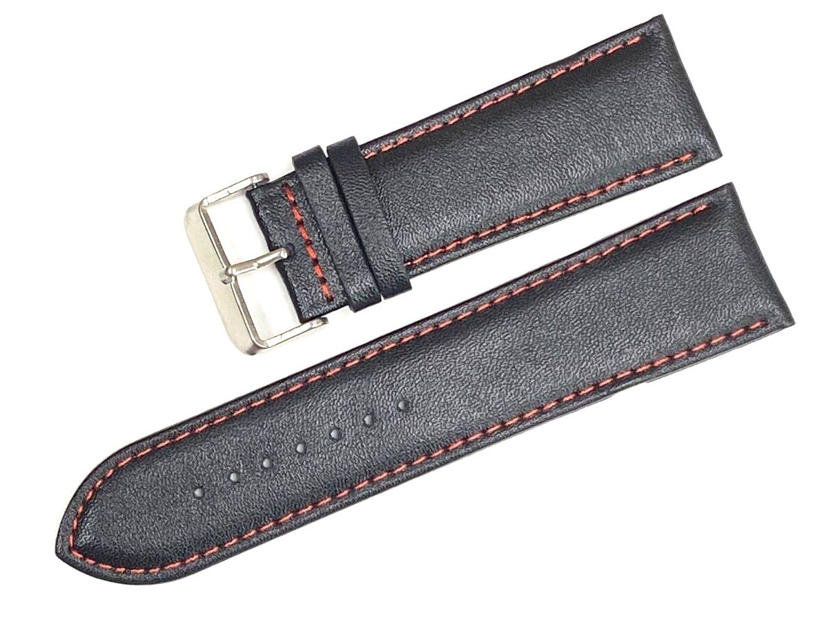 Watch Band Genuine Leather Plain PADDED With Stitches Black Color Of Size 24MM