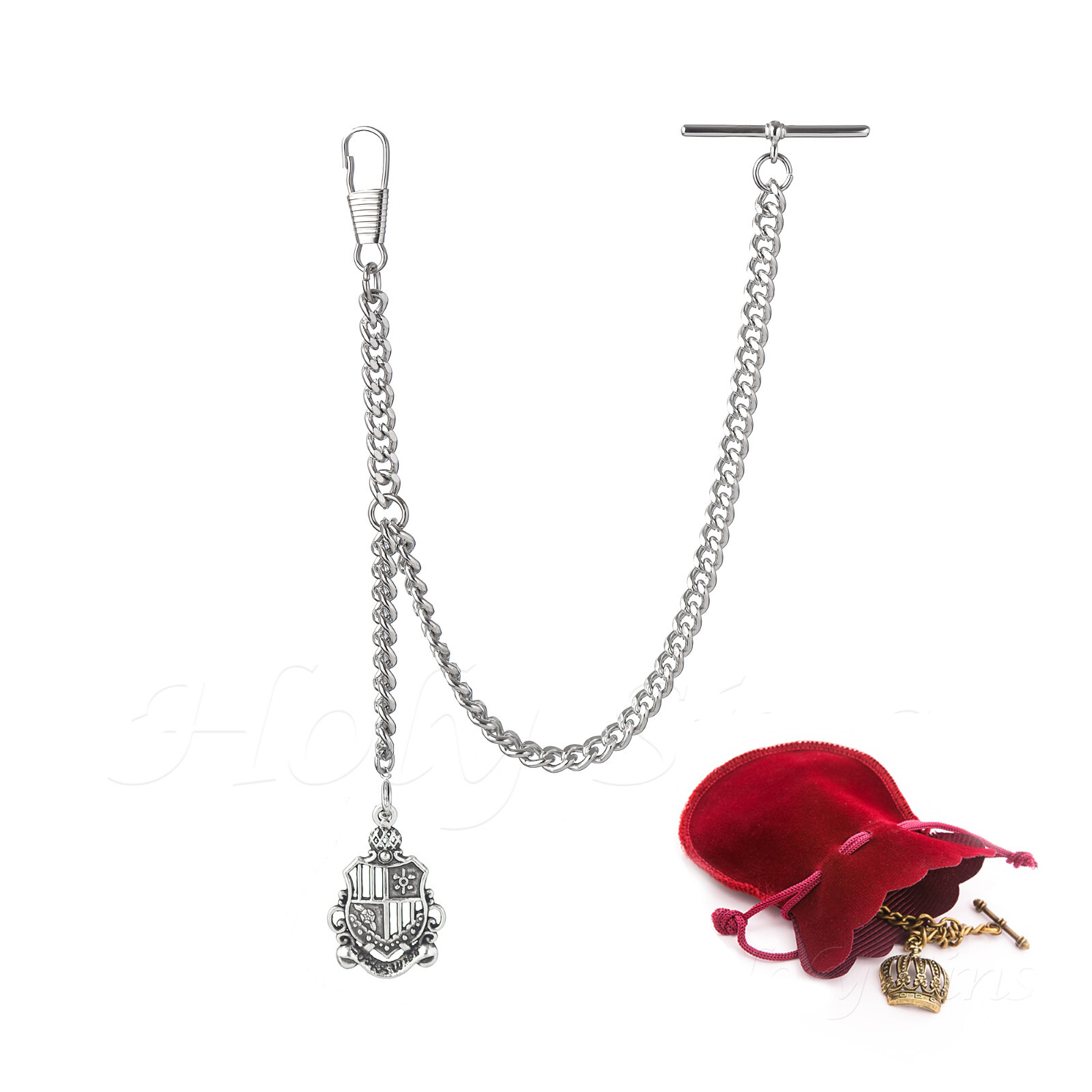 Silver Colour Single Albert Pocket Watch Chain With Shield Pendant 043-S