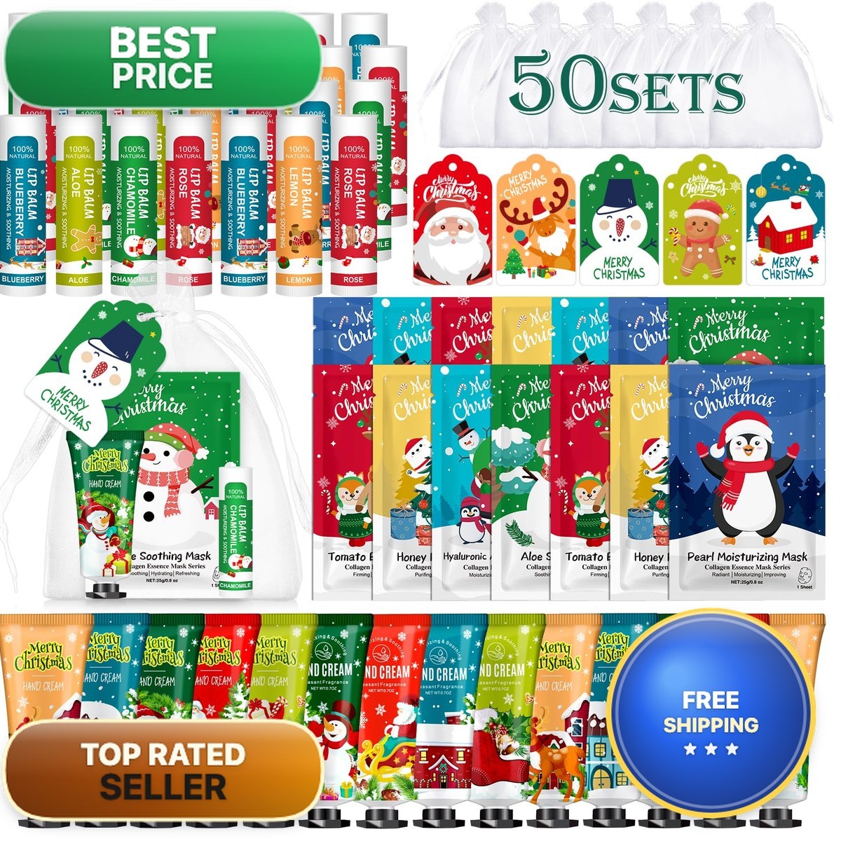 VESPRO 50 Pack Christmas Hand Cream, Facial Mask And Lip Balm Gifts Set