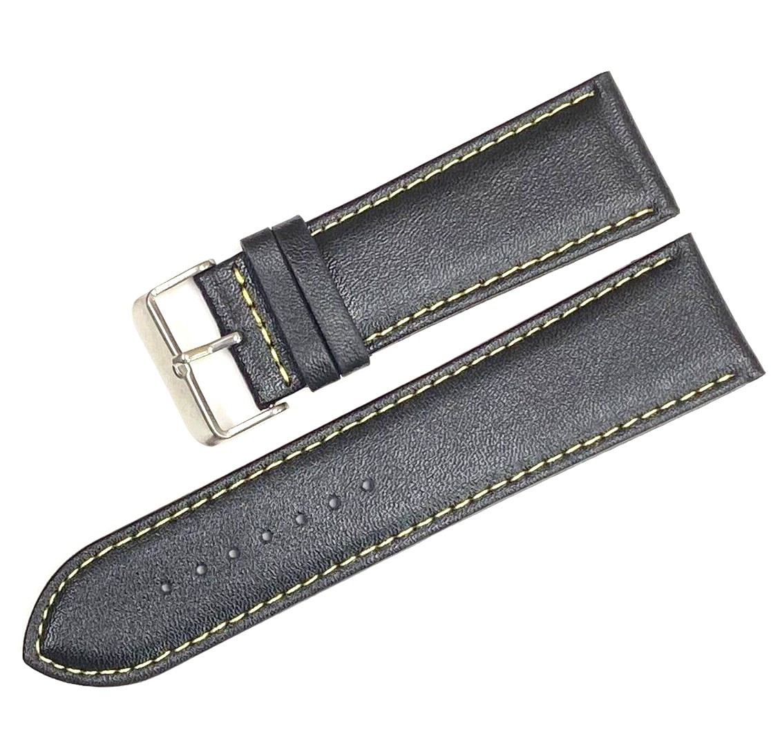 Watch Band Genuine Leather Plain PADDED With Stitches Black Color Of Size 24MM