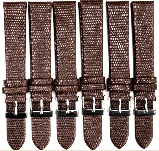 Lot of 6 Watch Bands Brown Genuine Leather Lizard Grain Flat 12,14,18,20,22,24MM