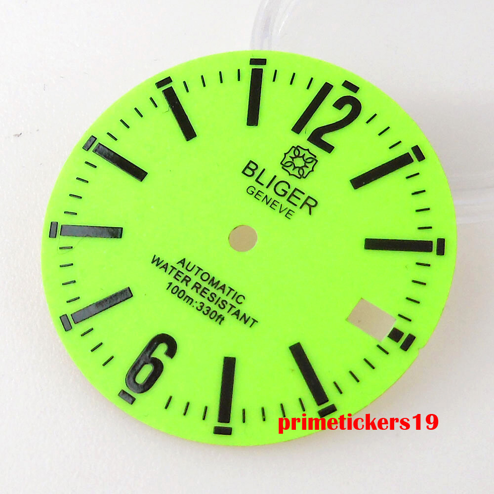 BLIGER 29mm Green White Watch Dial Black Marks Date Luminous Fit NH35 NH36 Movt