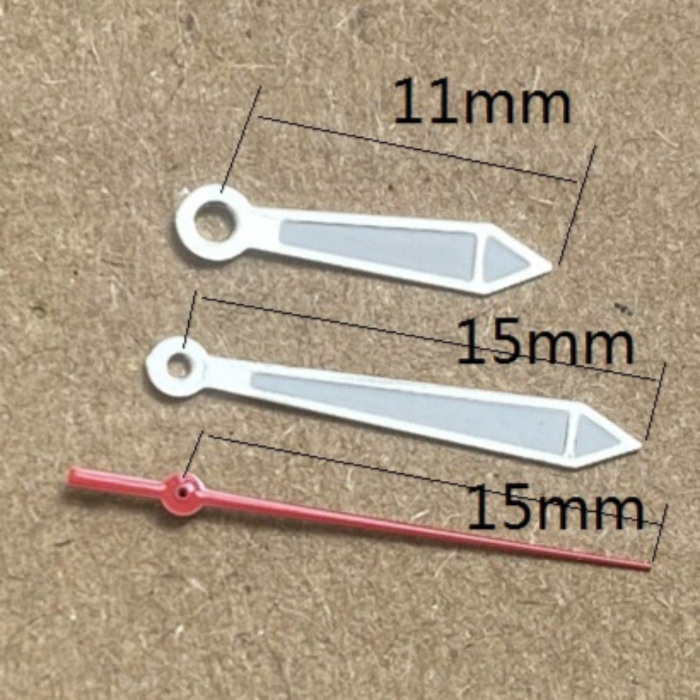 2 Sets/Pack 11x15x15mm Silver Trim Red Second Green Lume Hands Set for Ronda 515