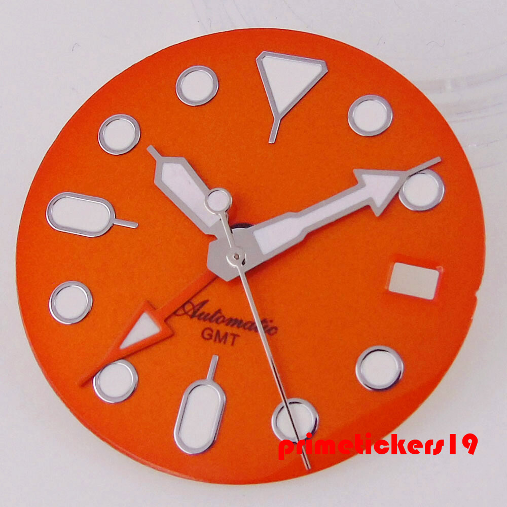 Fit NH34 GMT Movt 29mm Sterile Watch Dial Black Orange Face Date Hands Luminous