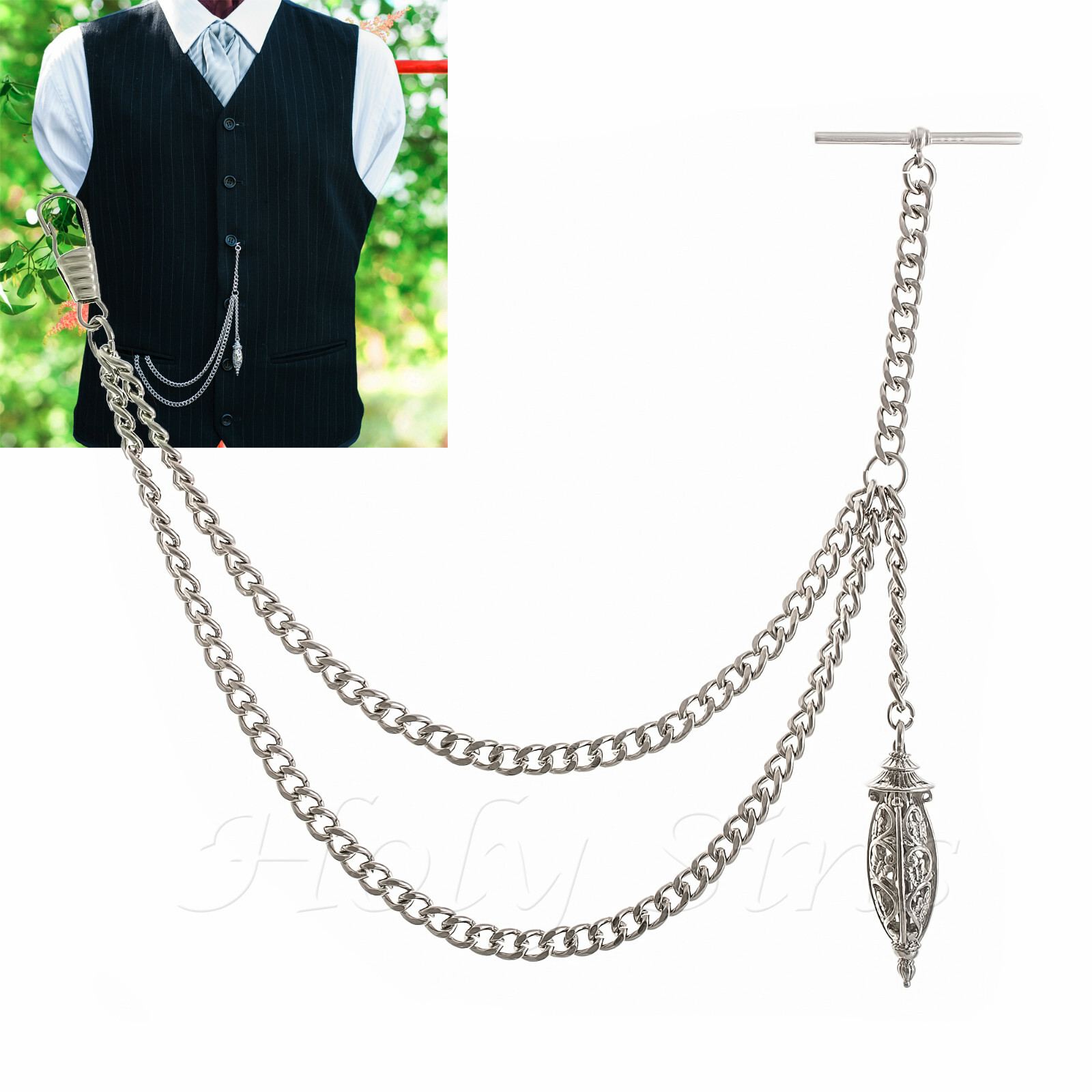 Peaky Blinder s Silver Colour Single Albert Pocket Watch Chain With Pendant 144
