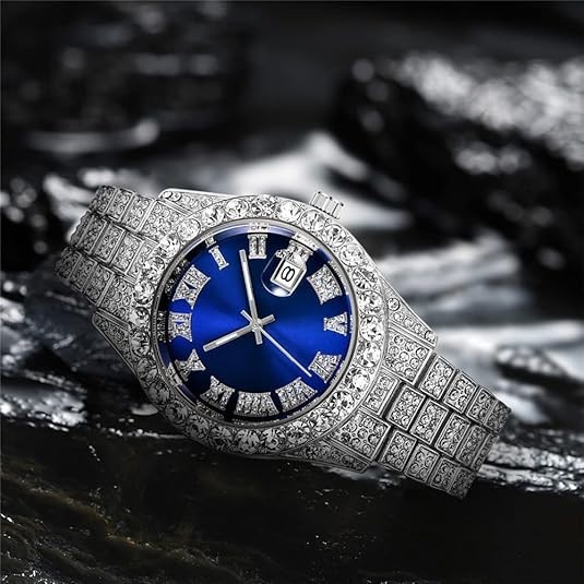 Hip Hop Watches for Men Iced-Out Bling Diamond Luxury Quartz 42mm Silver Blue
