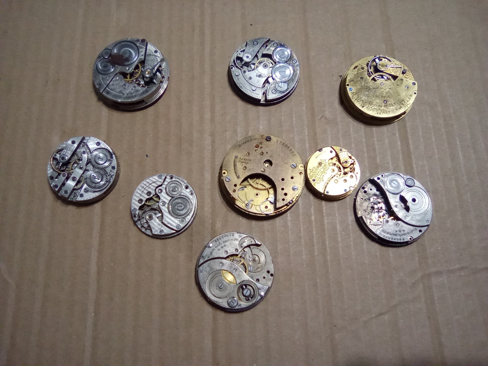 VTG Elgin,Waltham,Nickerbocker Pocket Watch Movements Parts Repair Lot Of 9
