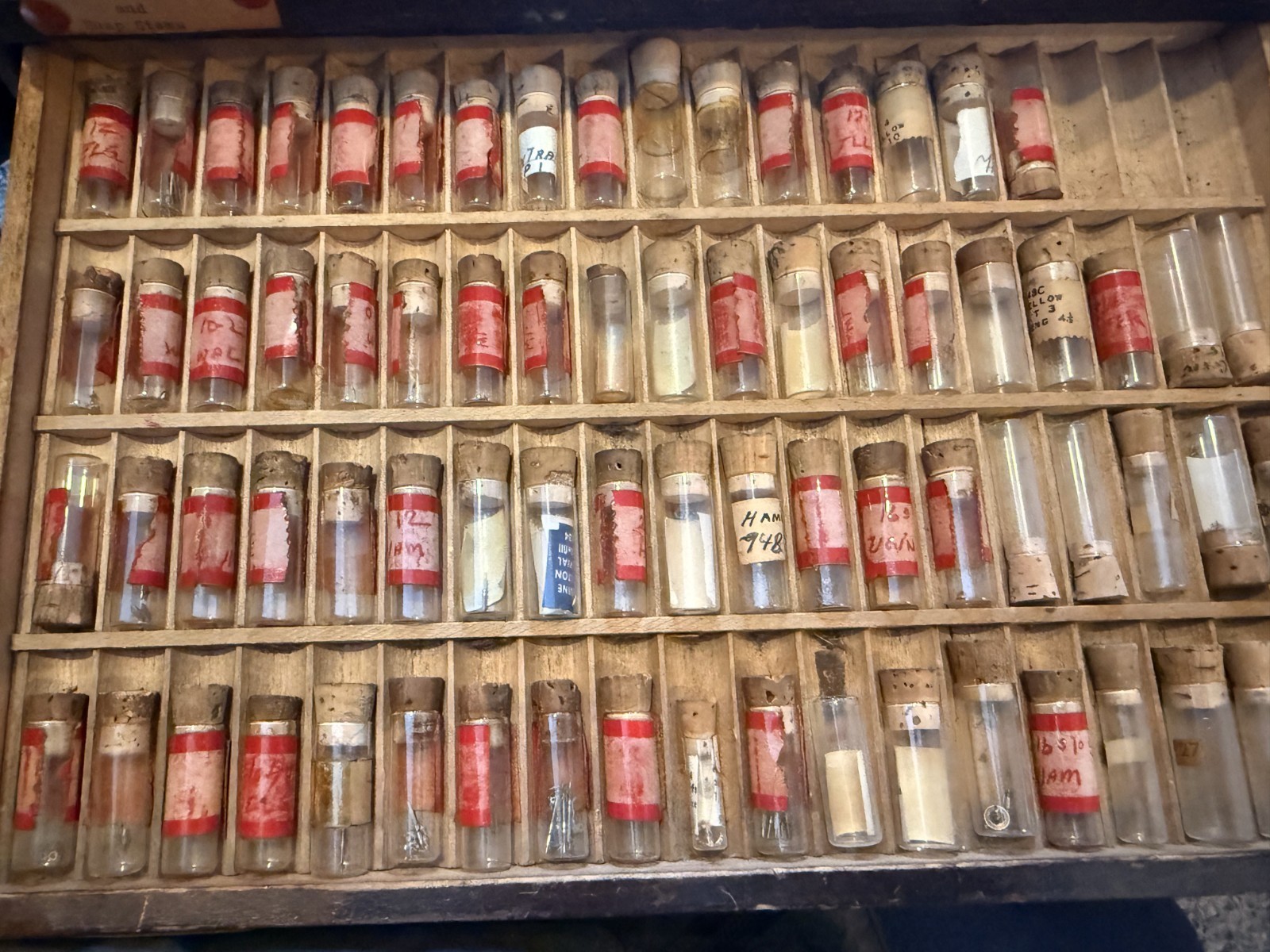 Vintage LOT Best Fit Watch Parts Crowns Stems Screws w/ Vials in Wood Drawer bar