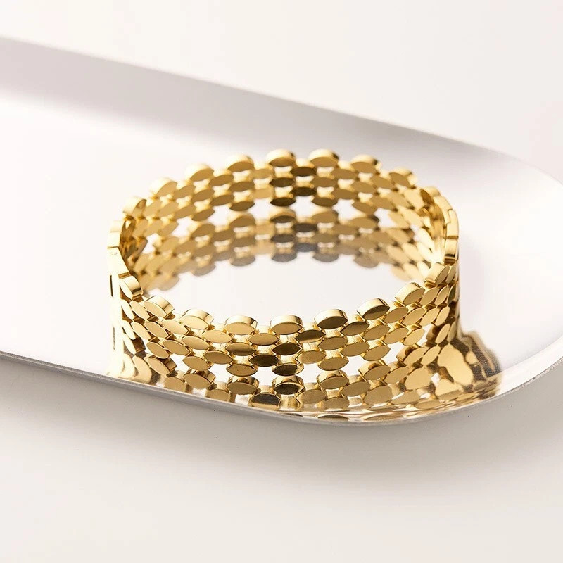 10Mm Wide Woman 18K Gold Plated Stainless Steel Beehive Bracelet Bangle