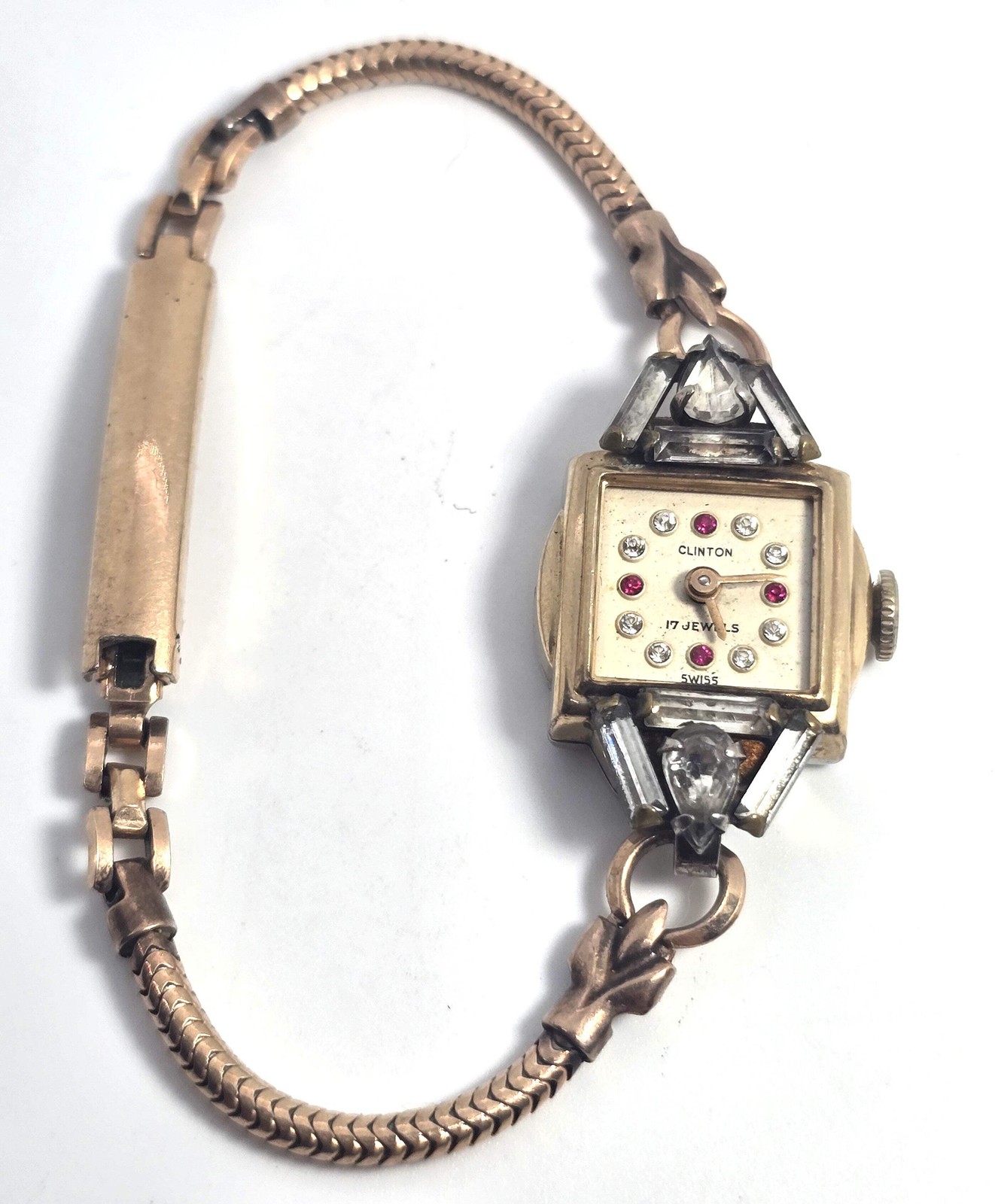 Art Deco Clinton gold filled wind up 17 jewel watch missing crystal face PARTS