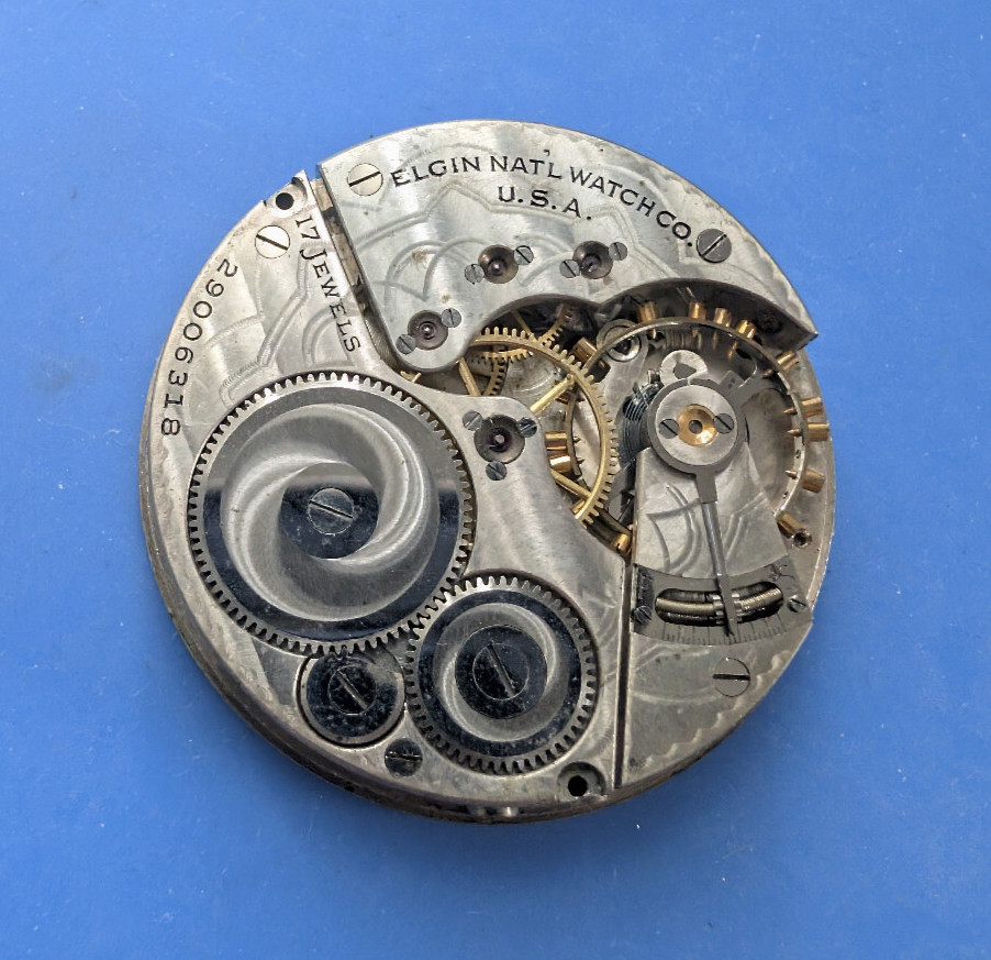 VINTAGE 16 SIZE ELGIN GRADE 387 OPEN FACE POCKET WATCH MOVEMENT OVERBANKED