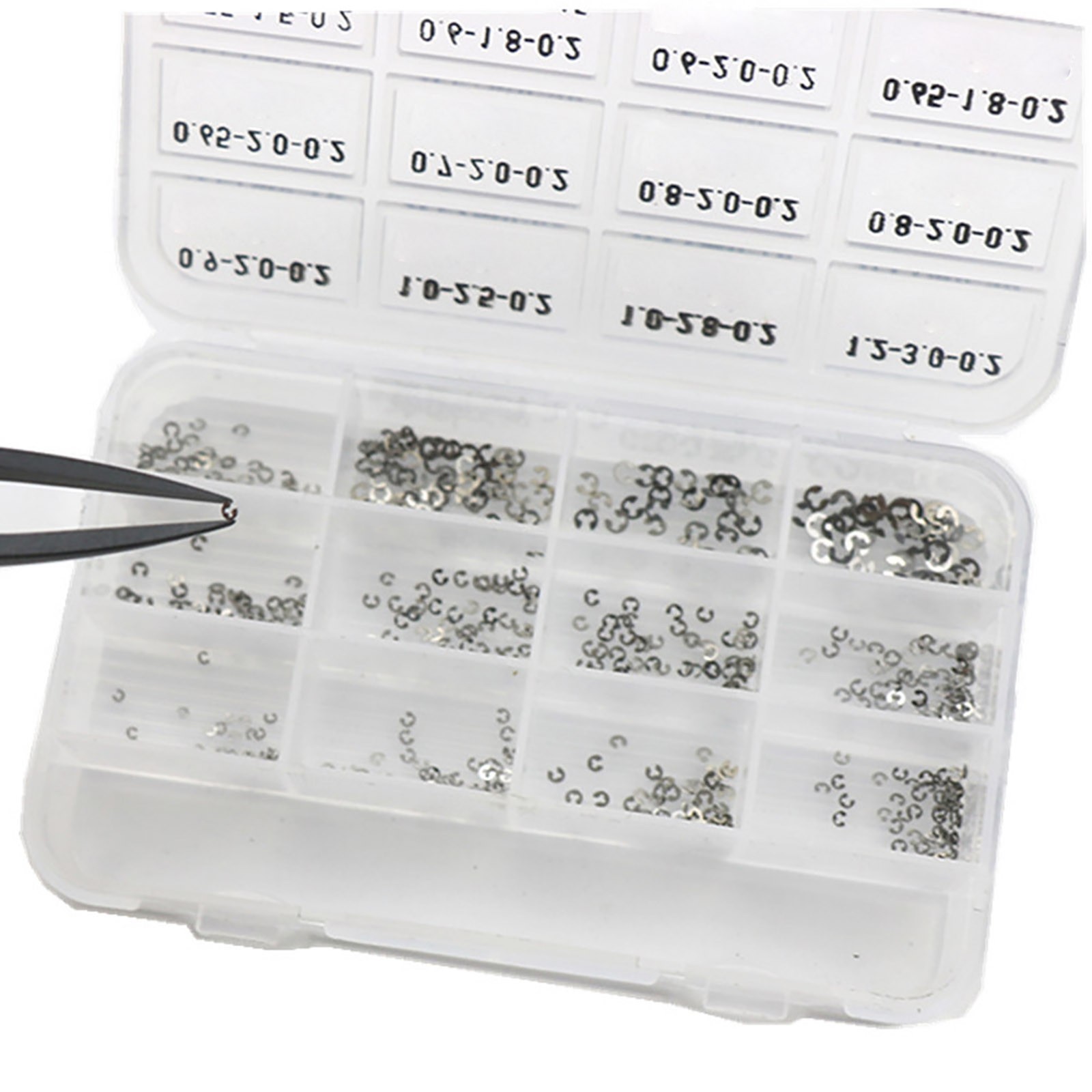 360Pack 0.2mm 12 Sizes Assorted Watch Circlip E-Clips Snap Ring Latch Pusher Box