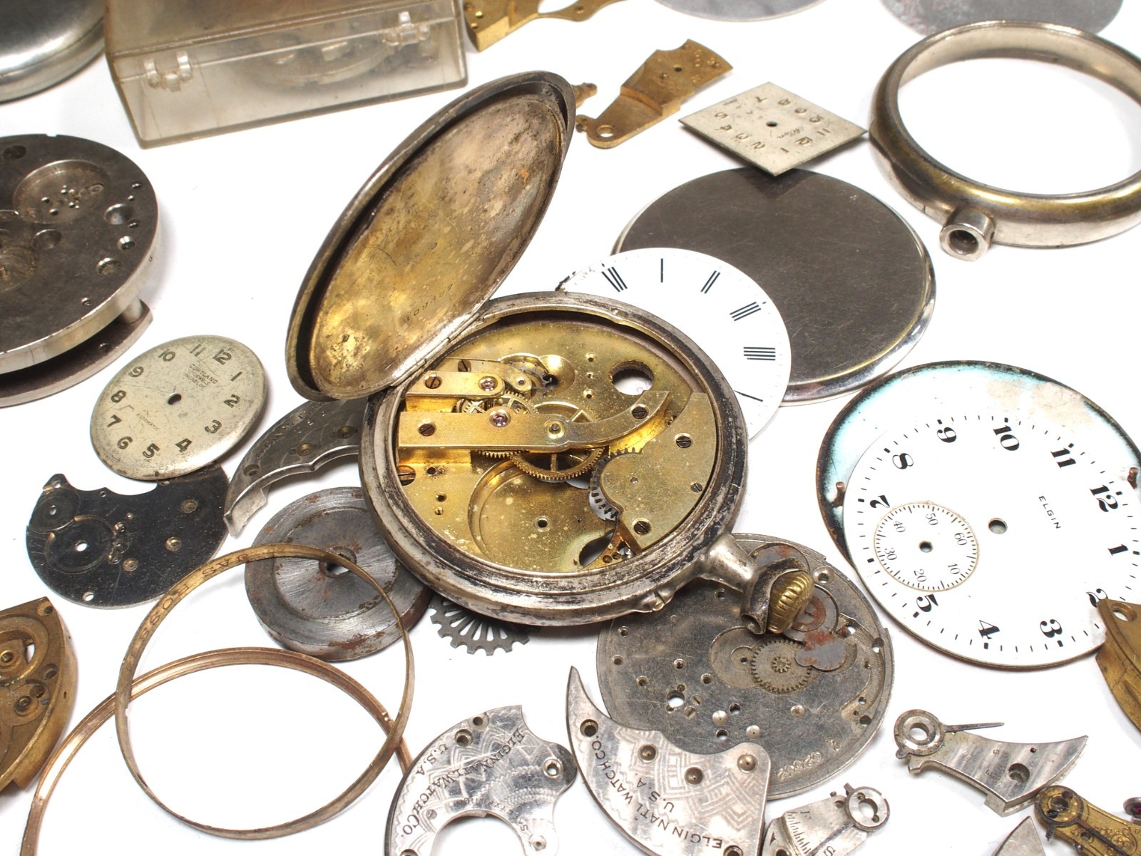 Large Lot of Old Pocket Watch Parts & Pieces Elgin Zonex Westclox Cortland Swiss