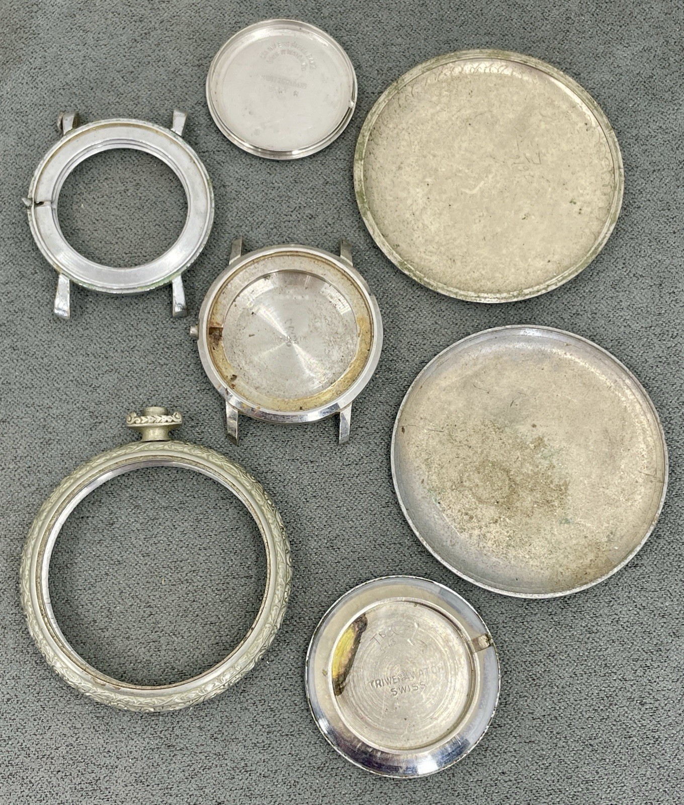 Watchmaker Parts Lot # 7 Movements, 8 Day Plate, Cases. Waltham, NY Standard, Et