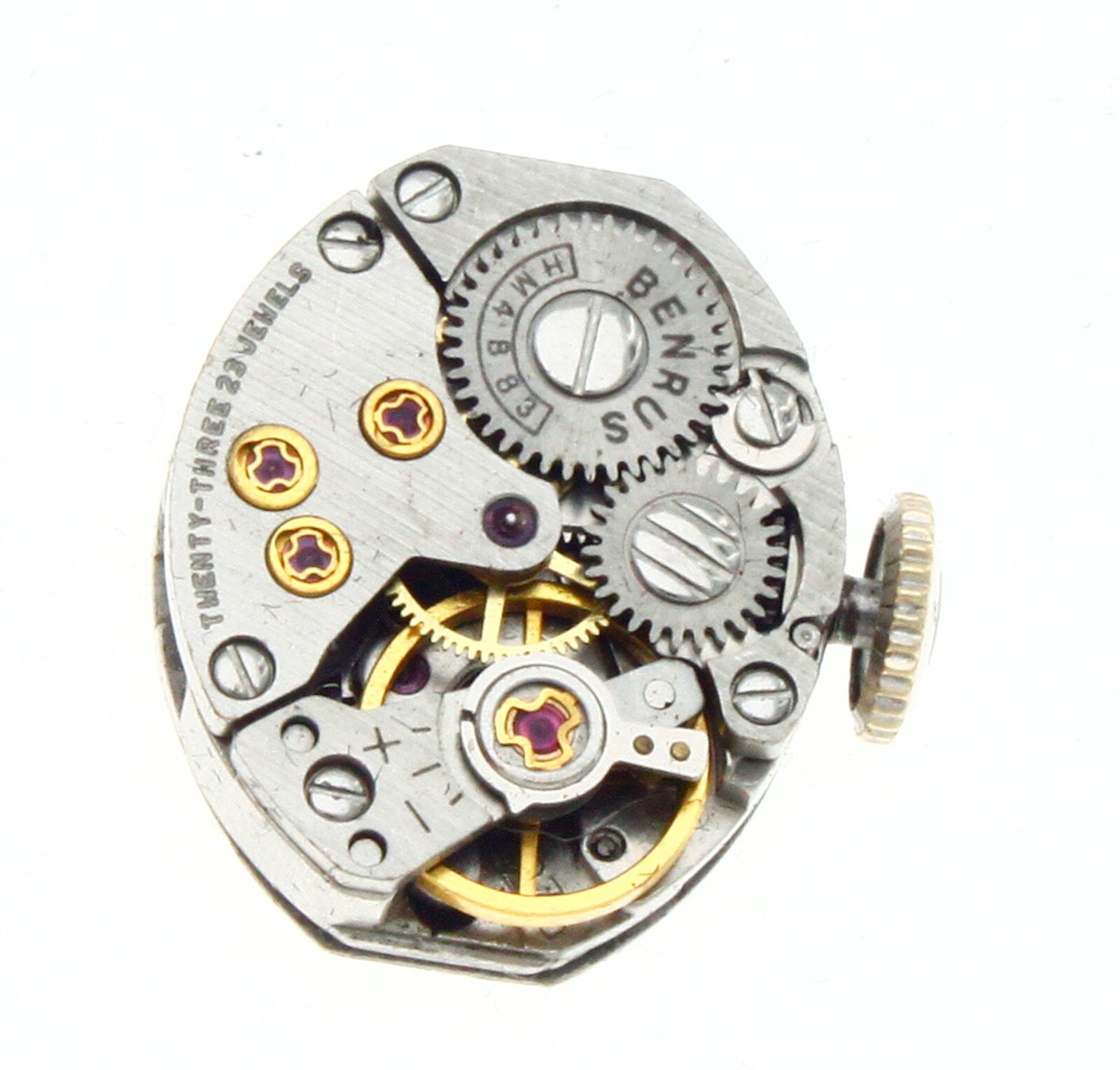 Benrus HM4B83 Used Watch Movement 5.75 x6.75”’ 23 J With Dial Hands Stem Crown