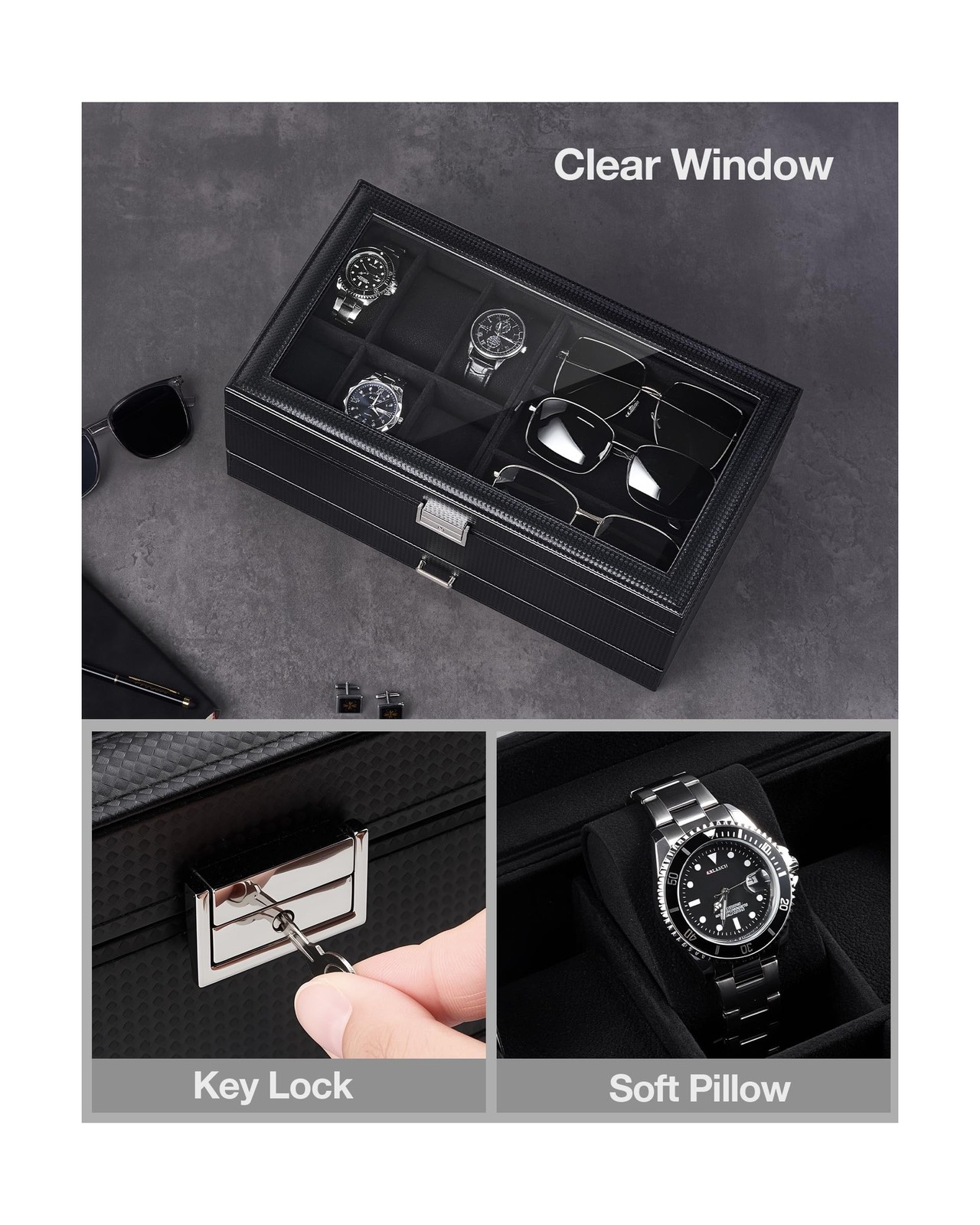 ProCase Mens Jewelry Box, Lockable 6 Slot Watch Case & 3 Slot S… Fast USA SHIP