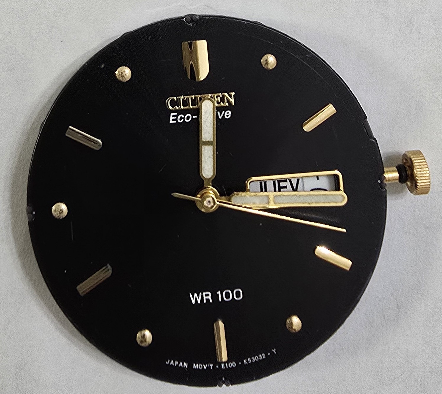 Citizen Eco Drive Cal E100 Black Dial Crown Stem Hands,For Parts.Not Working