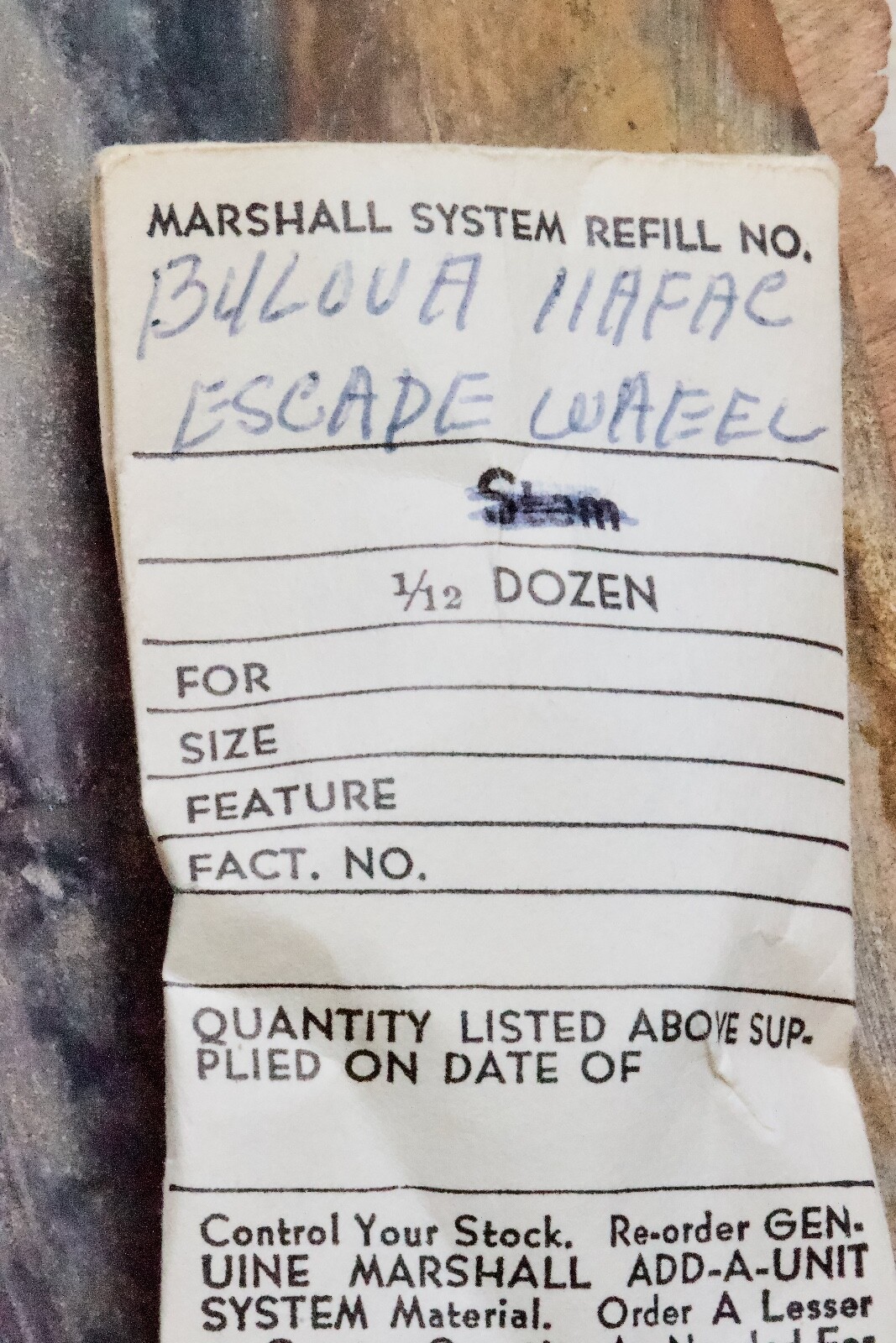 Vintage Bulova watch 11 AFAC escape wheel & pinion packaged part by Marshall