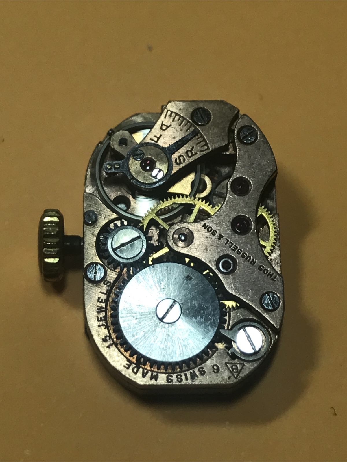 Buser 6 Watch Movement. Working. Thos. Russell dial hands stem