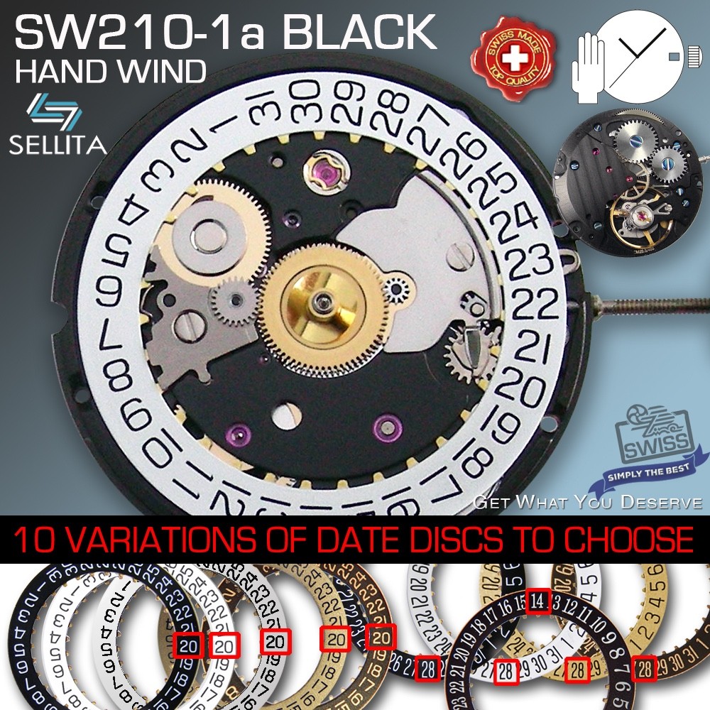 MOVEMENT MANUAL WIND SELLITA SW210-1a, BLACK, HAND WIND, 10 DATE OPTIONS