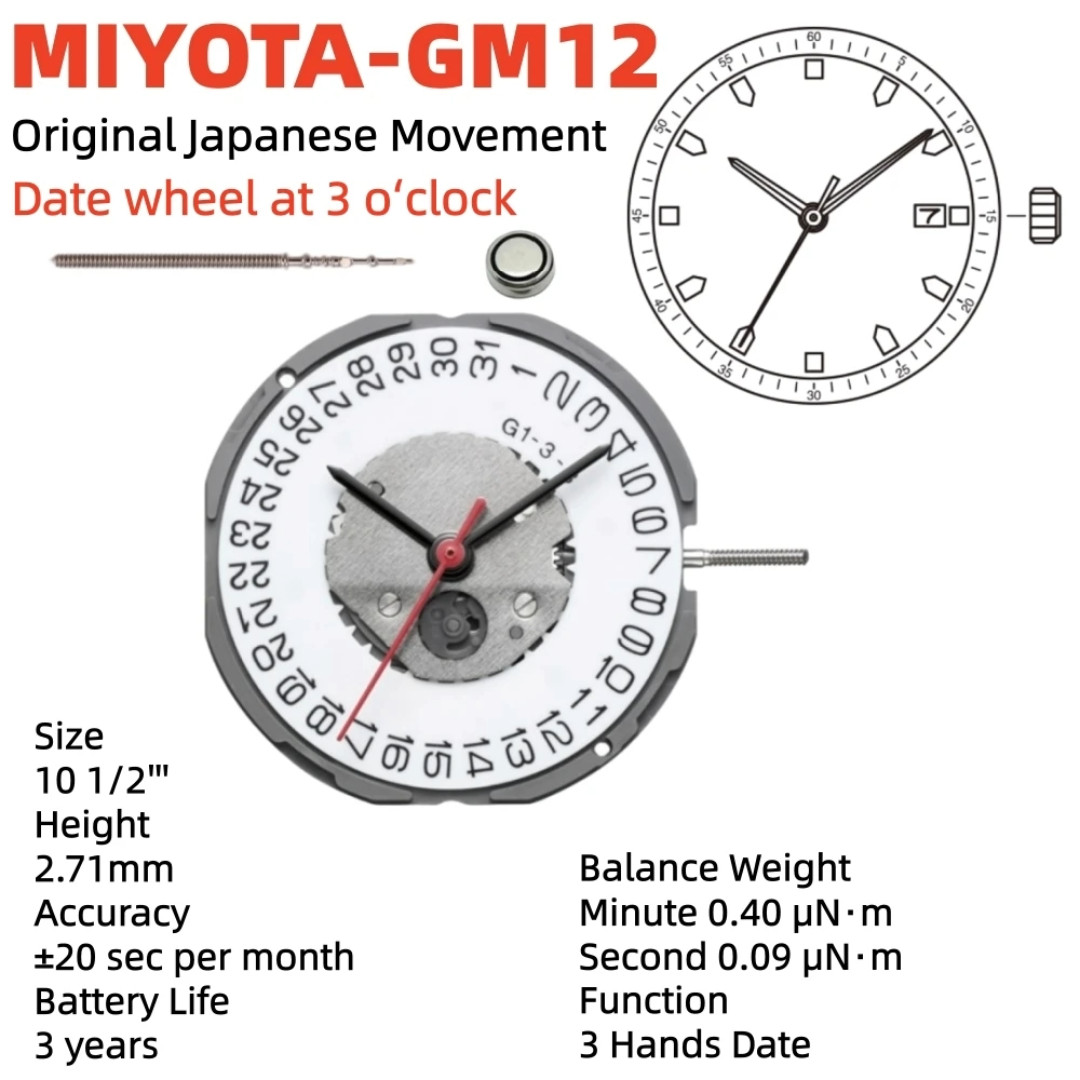 GM12 Movement Genuine Japan MIYOTA Watch Movement 3 Hands Date At 3 / 6
