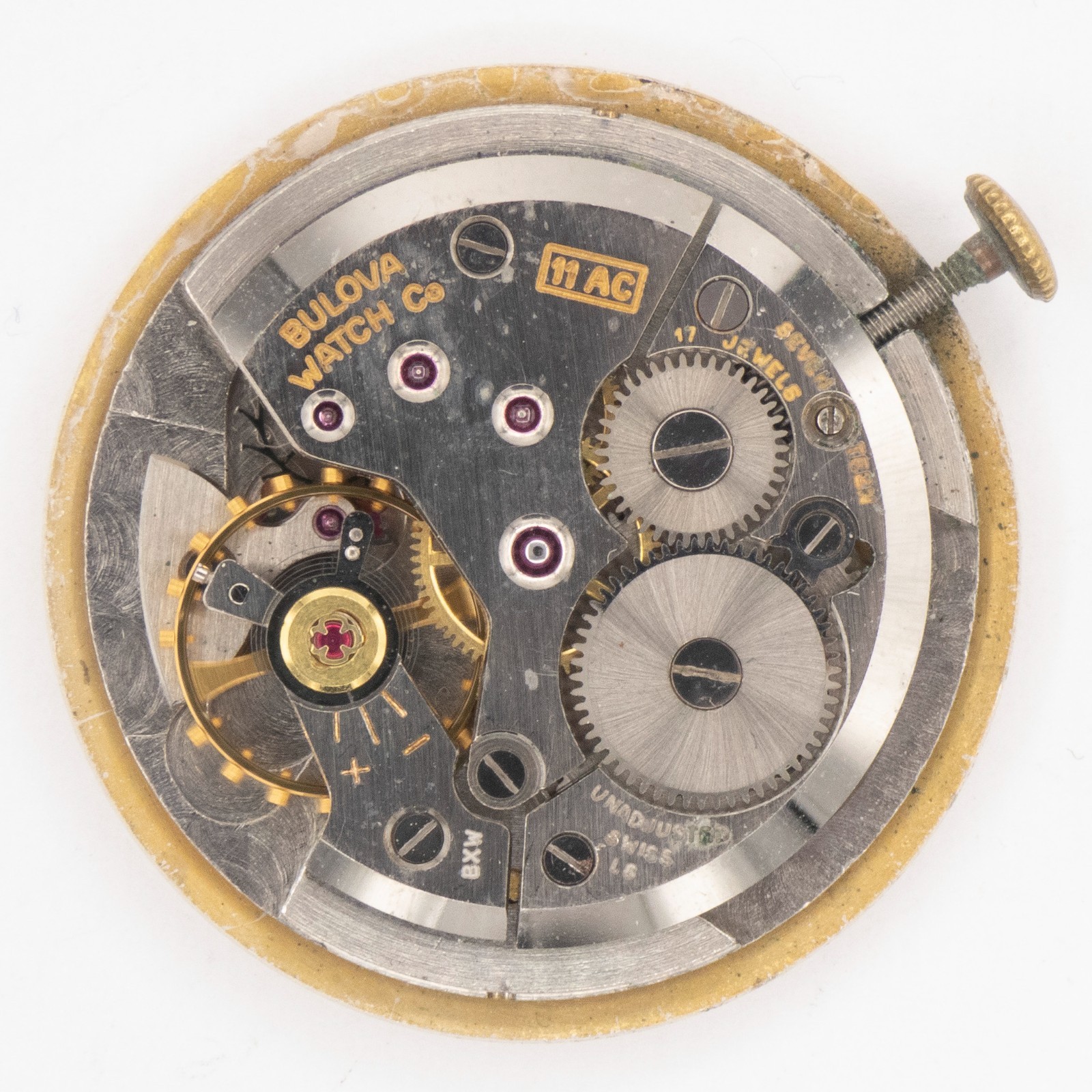 Vintage Bulova Caliber 11AC 17-Jewel Wristwatch Movement, Keeps Time