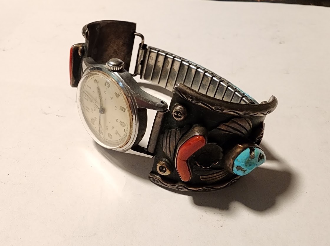 Wittnauer manual-wind wrist watch /handmade Native Zuni Style Band /Free Ship!