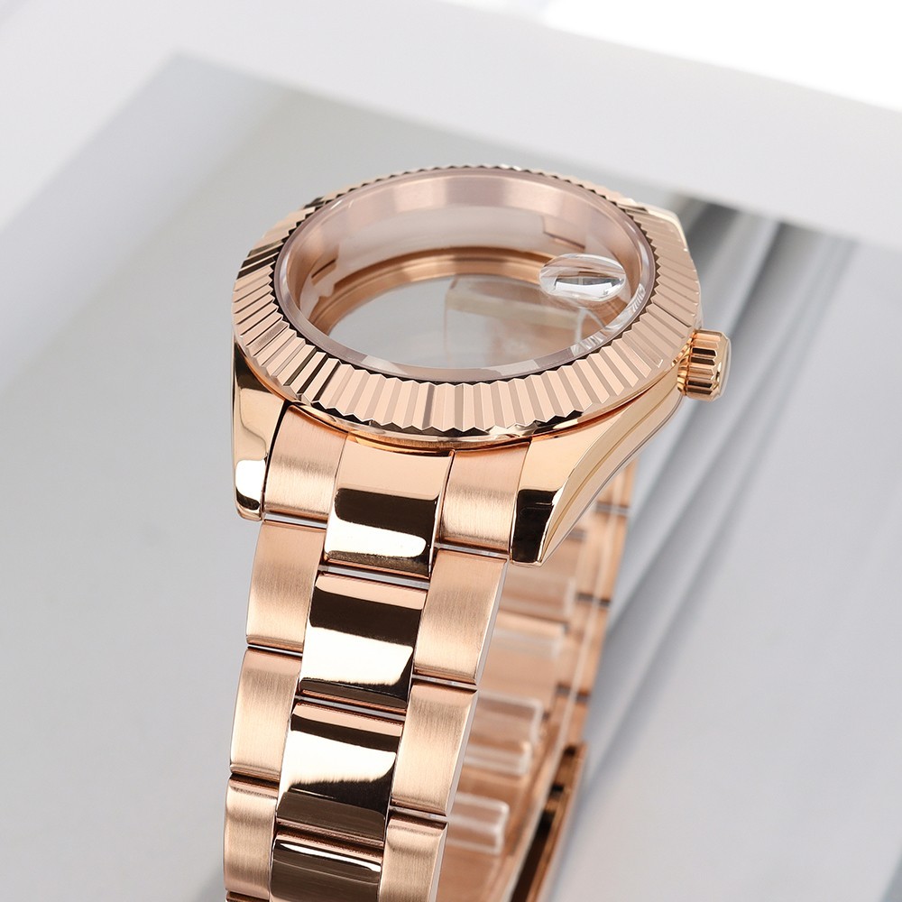 Steel Oyster Rose Gold Watch Case 36mm/39mm Fluted Bezel For Seiko NH35 Movement