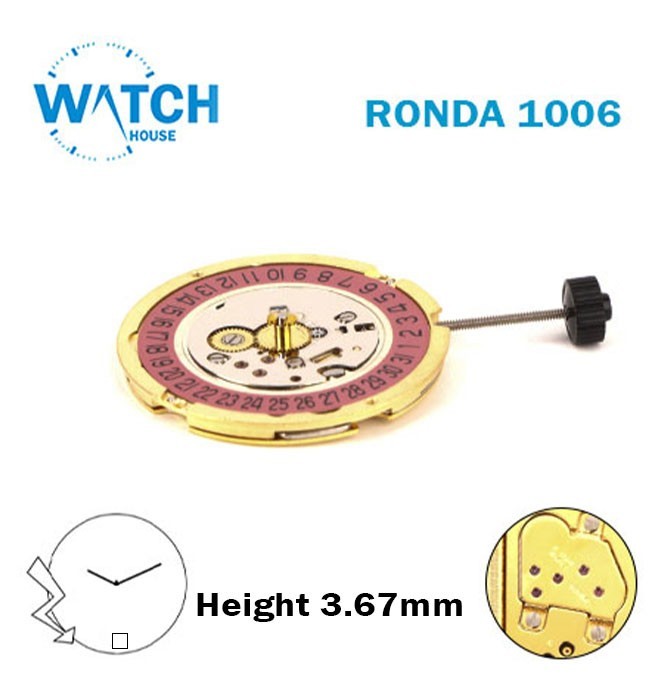RONDA 1006 Swiss Quartz Watch Movement-H:3.67MM- Pink Disk At 6-2 Hands.