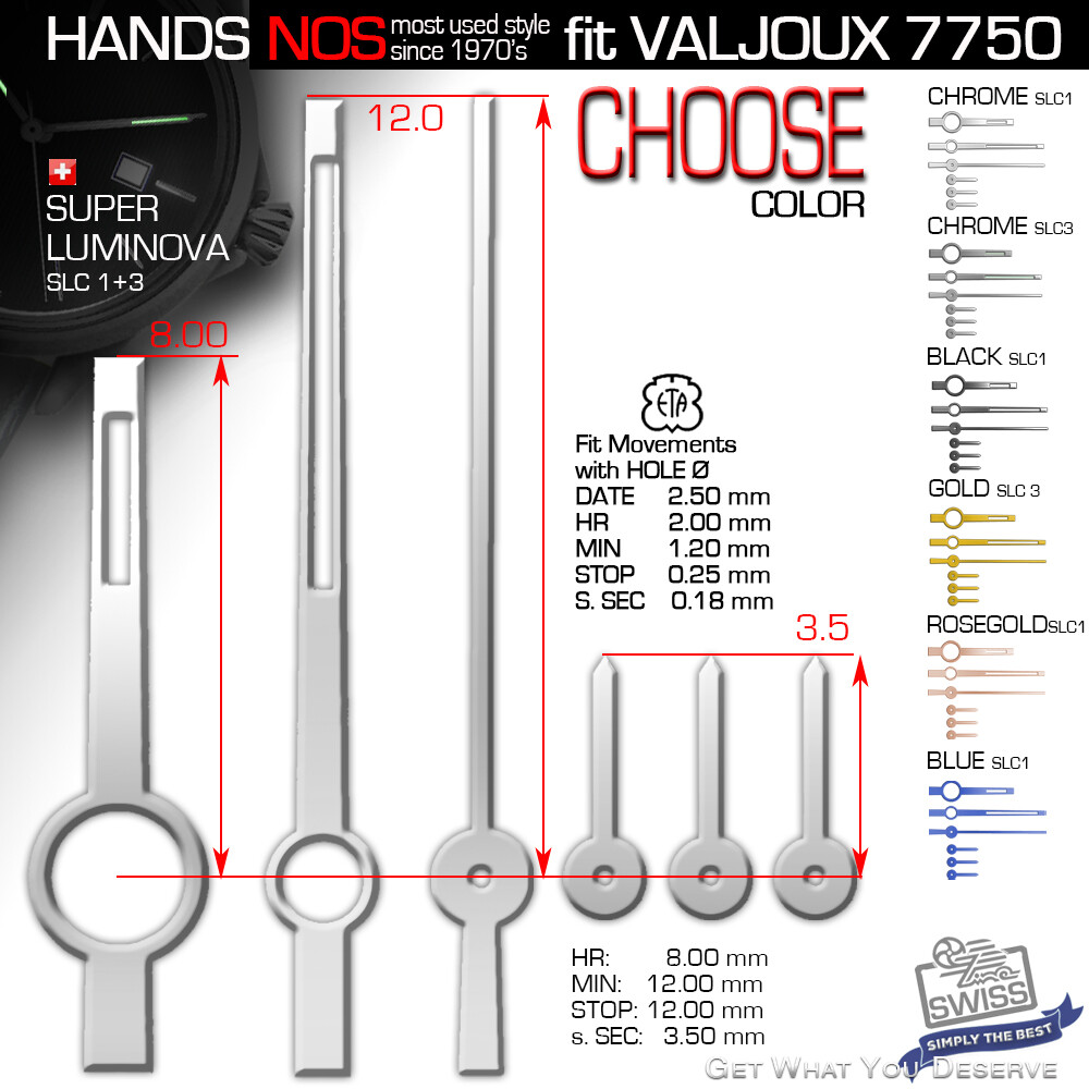 HANDS SET MOVEMENT ETA VALJOUX 7750, NOS, CHROME, BLACK, GOLD, ROSE-GOLD, BLUE