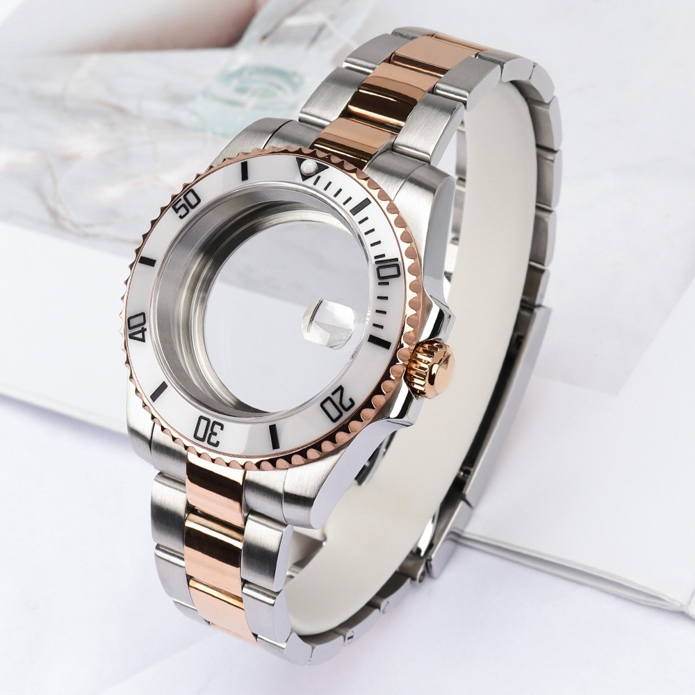 40mm Pilot Watch Case+Oyster Bracelet Everose Gold Steel For Japan NH35 ETA 2824