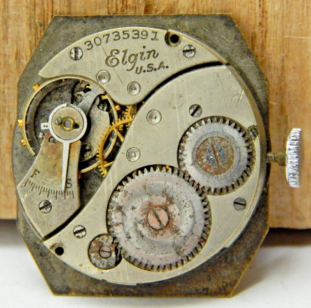 Vintage Elgin 1928 Grade 430 model 1 7 jewel 6/0s watch movement dial & crown
